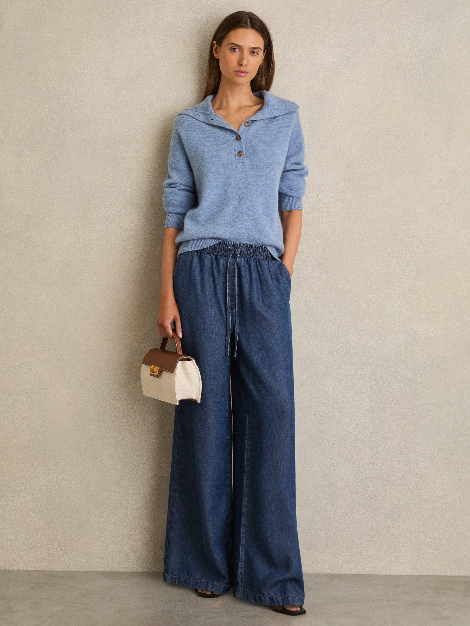 Reiss Parker Drawstring Wide Leg Trousers, Mid Blue