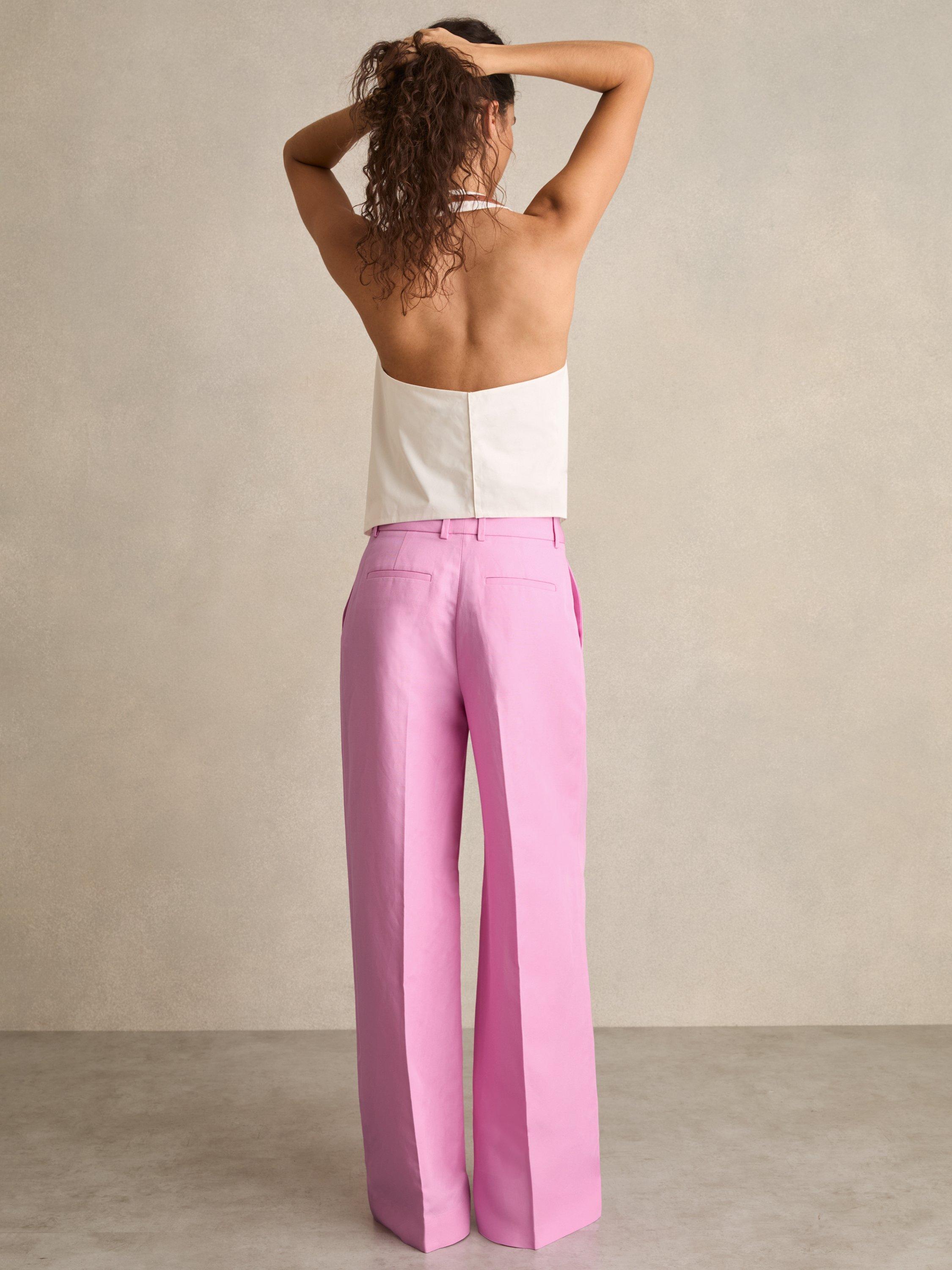 Product image 2 of 5, which shows Reiss Raine Linen Blend Wide Leg Trousers, Pink, 6R