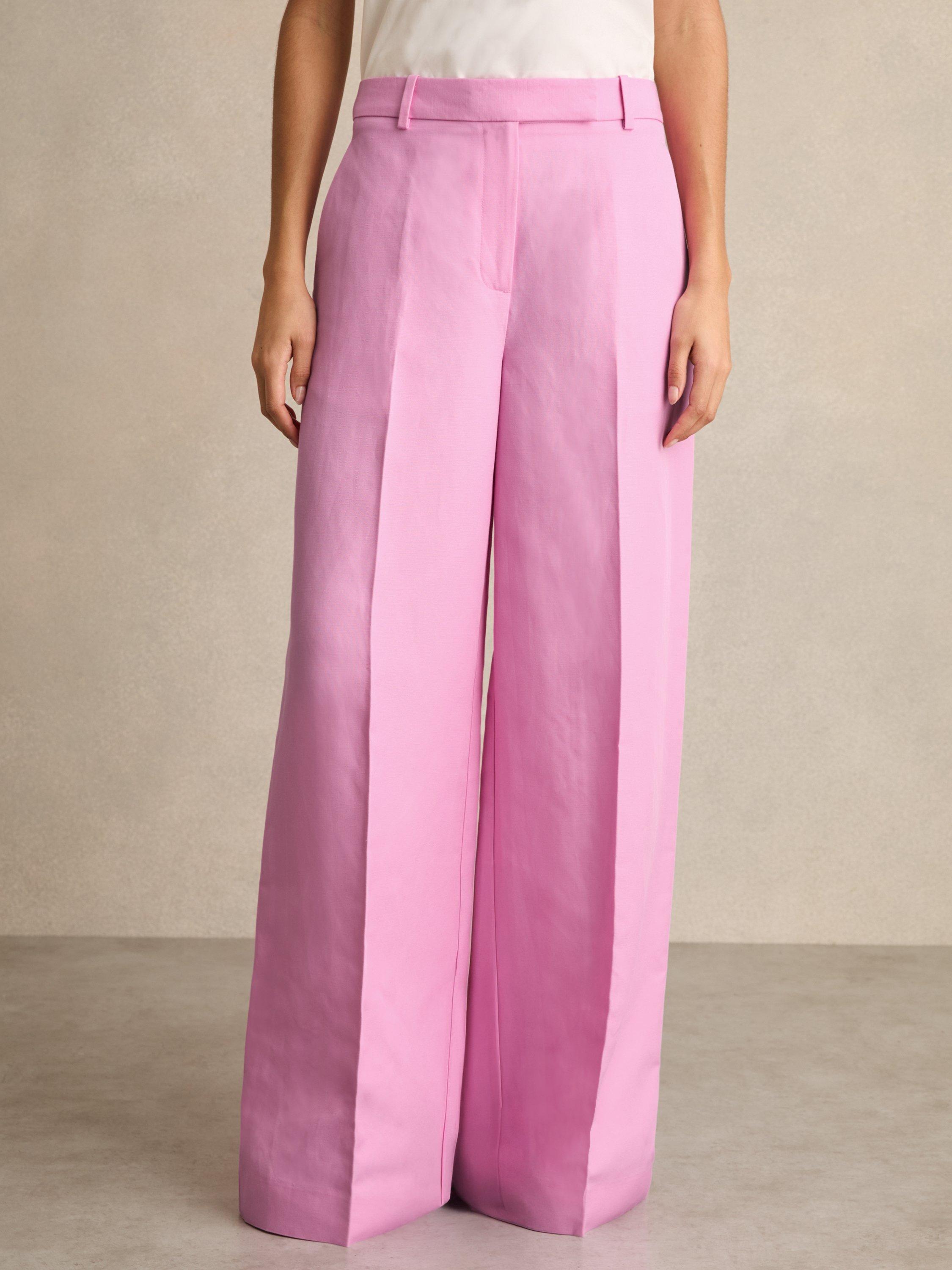 Product image 4 of 5, which shows Reiss Raine Linen Blend Wide Leg Trousers, Pink, 6R