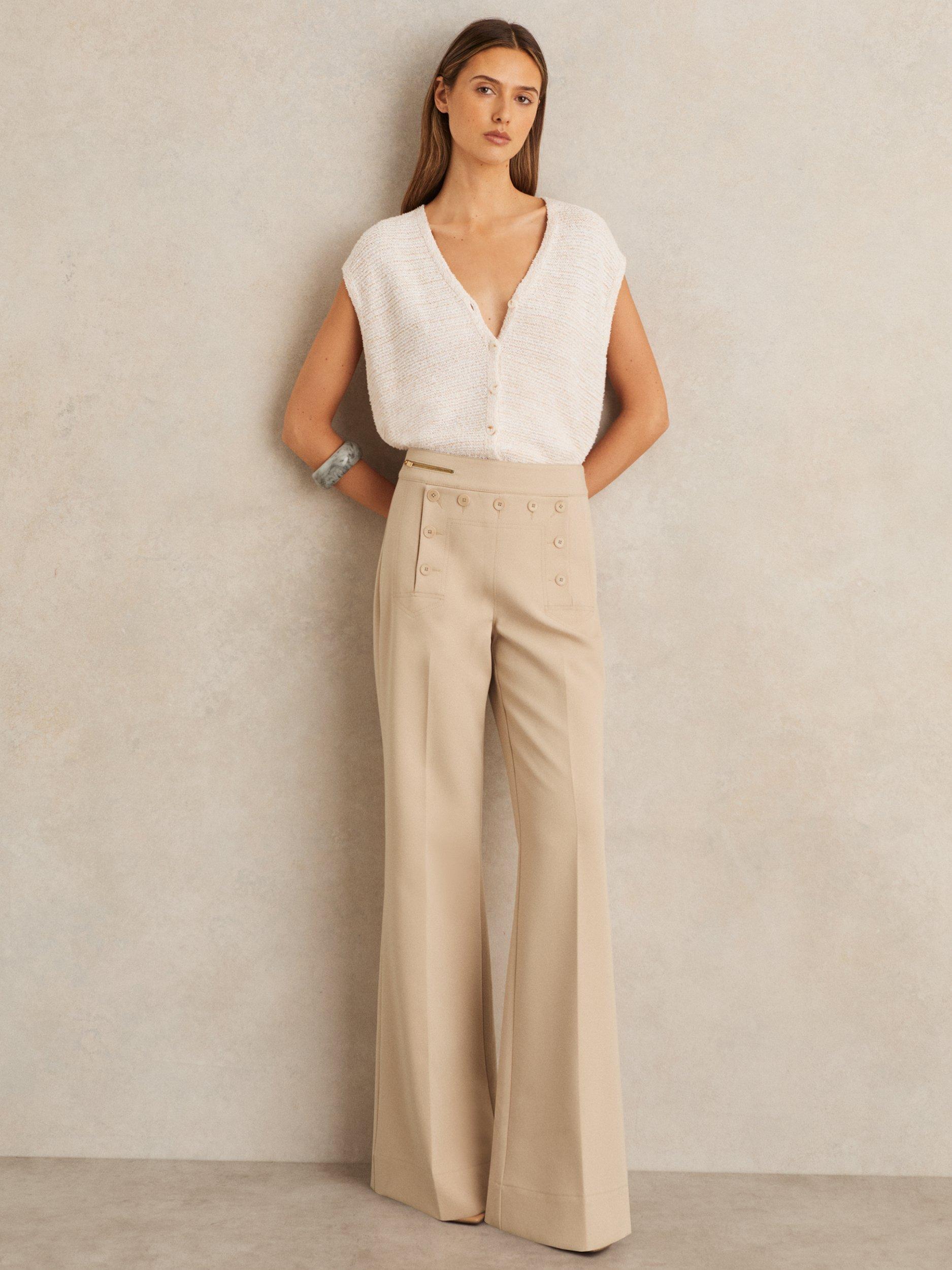 Product image 1 of 5, which shows Reiss Sidney Button Detail Wide Leg Trousers, Neutral, 8R