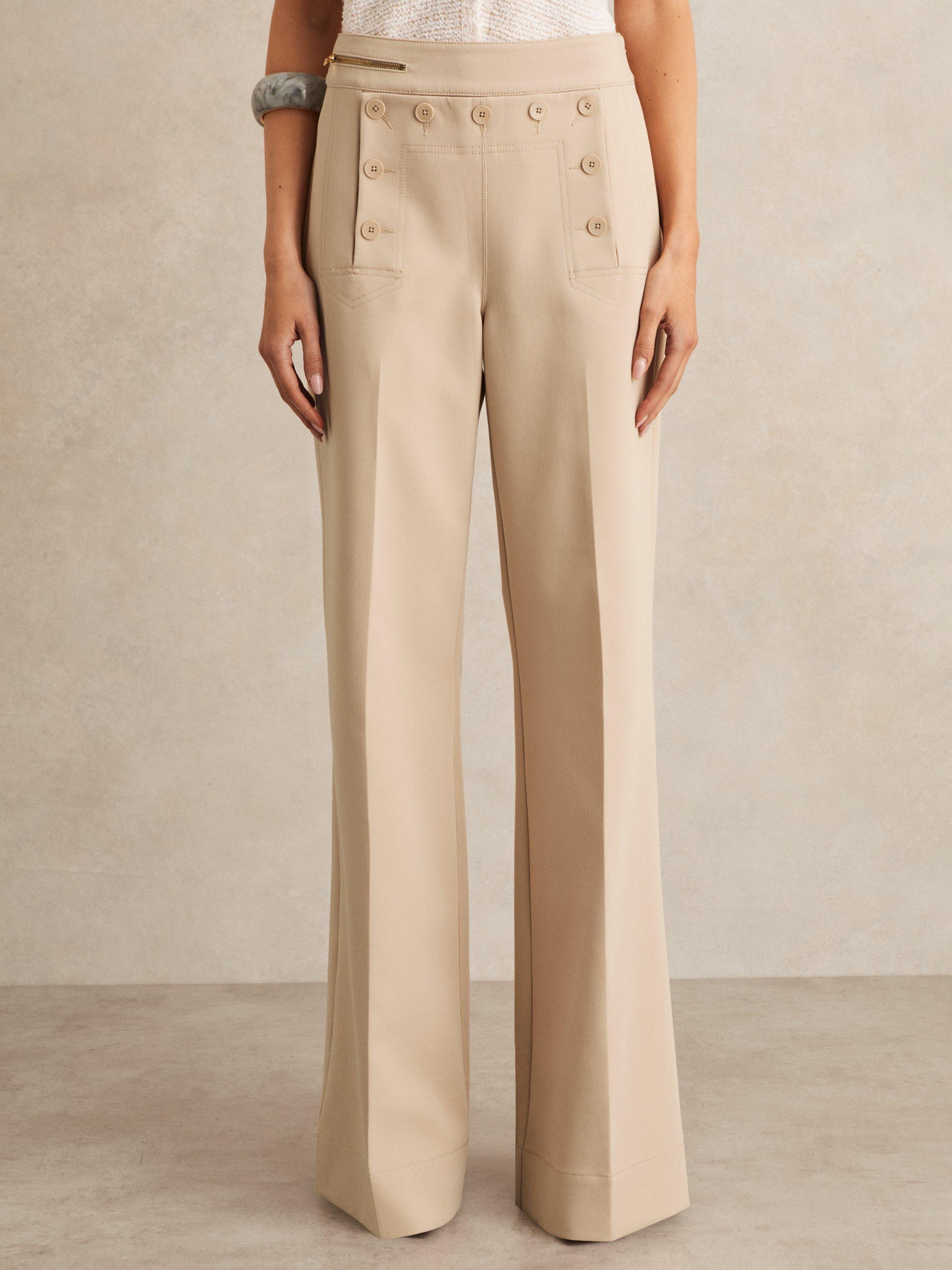 Product image 4 of 5, which shows Reiss Sidney Button Detail Wide Leg Trousers, Neutral, 8R