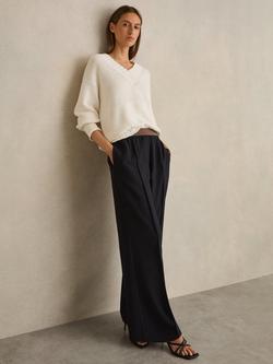 Reiss Wilde Contrast Elasticated Waist Wide Leg Trousers, Navy