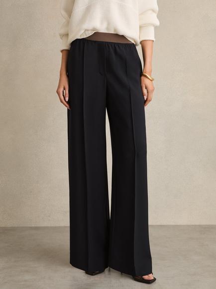 Reiss Wilde Contrast Elasticated Waist Wide Leg Trousers, Navy