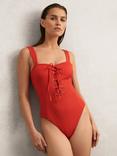 Reiss Fabienne Lace-Up Front Swimsuit, Orange