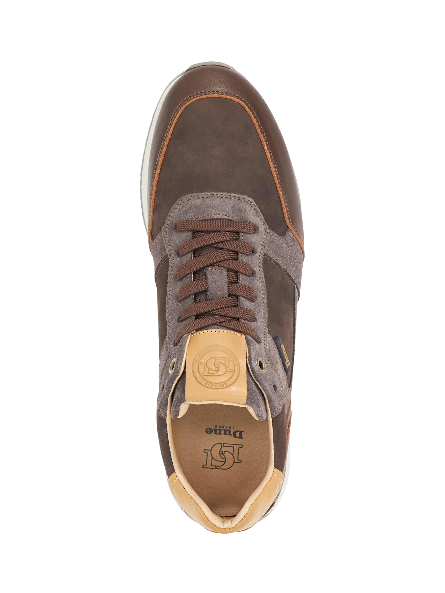 Product image 4 of 5, which shows Dune London Teffy Suede Blend Lace Up Running Trainers, Brown, 6