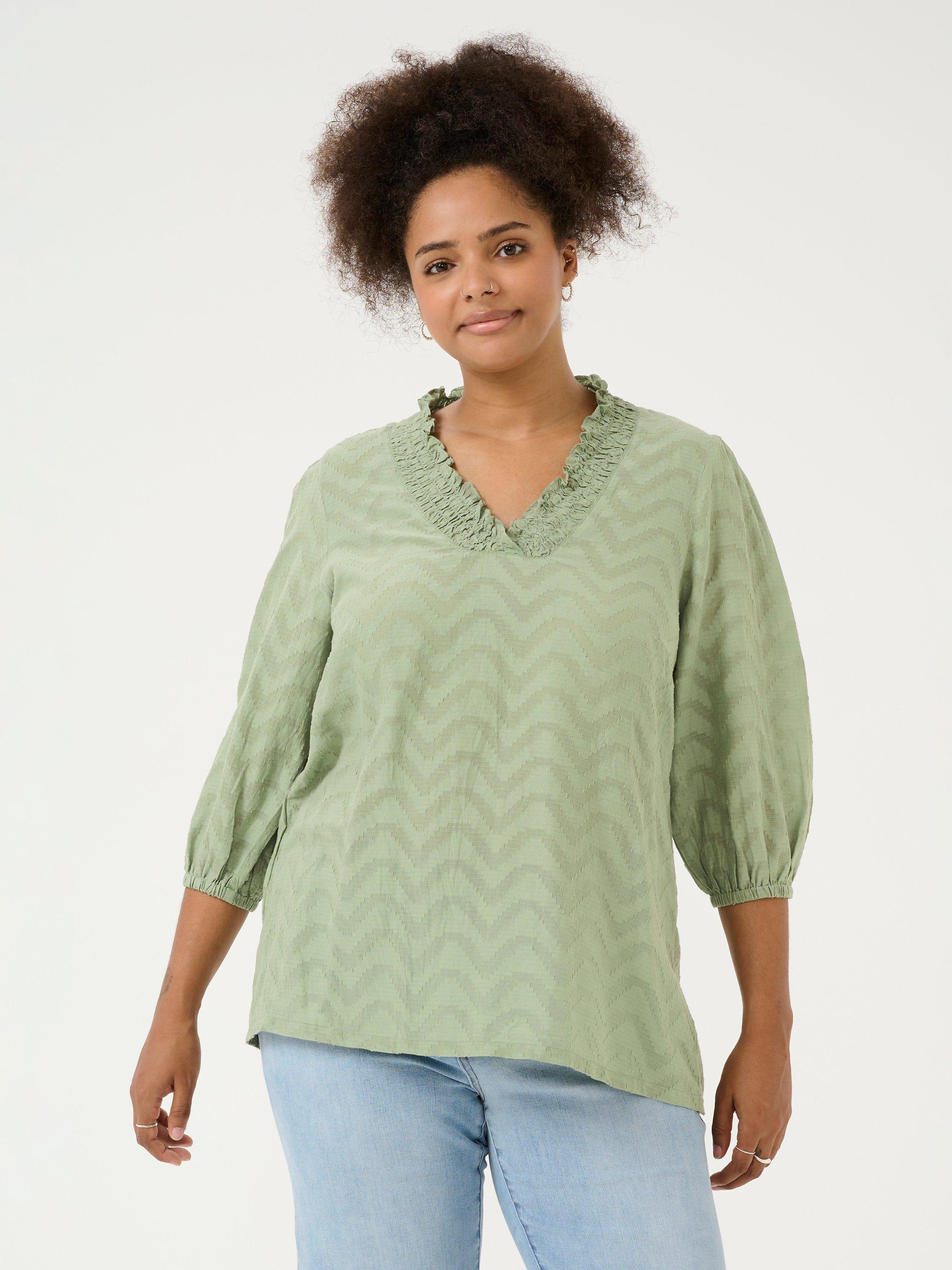 Product image 1 of 6, which shows KAFFE Curve Vitana Frill V-Neck Top, Oil Green, 20
