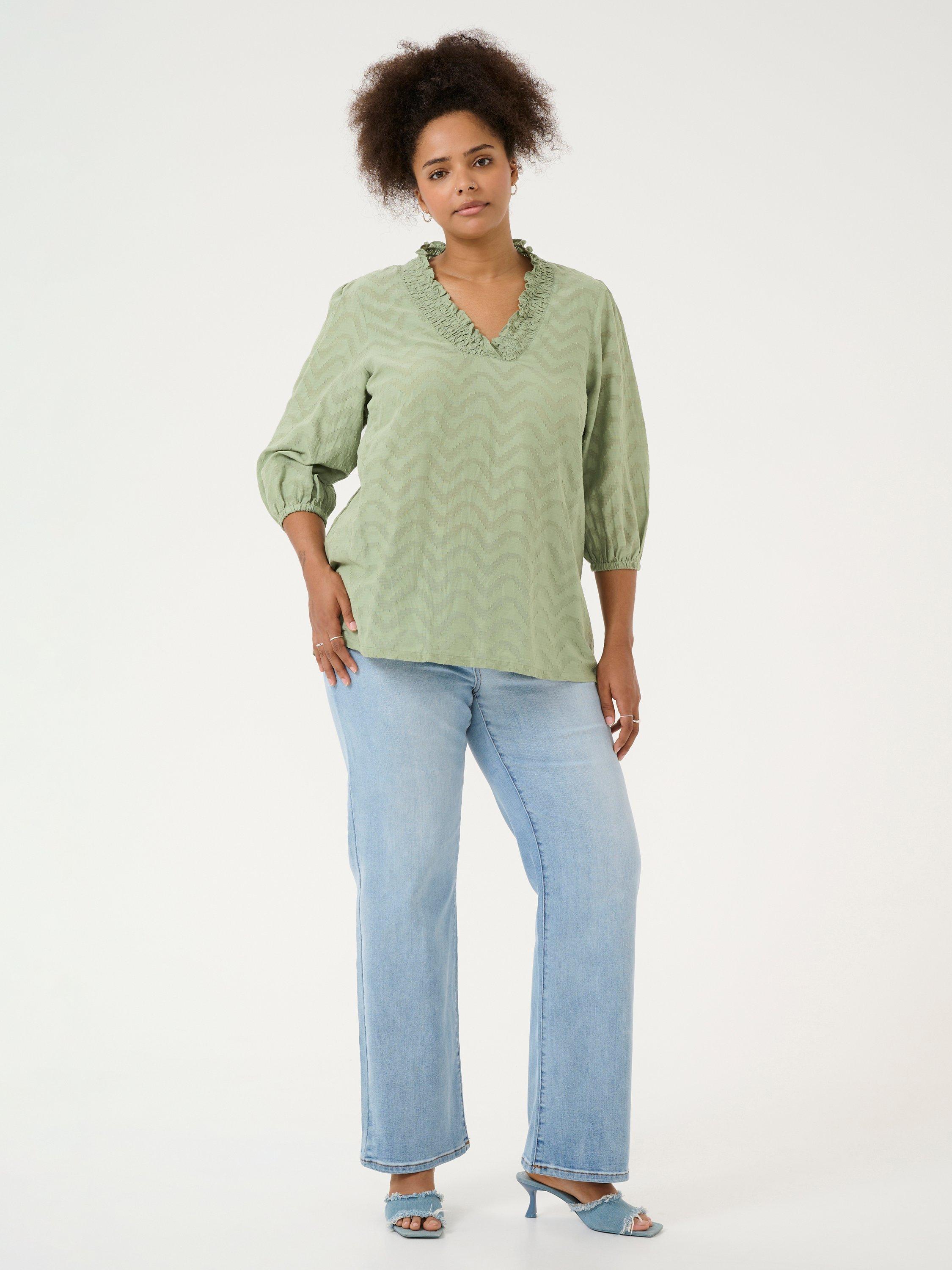 Product image 3 of 6, which shows KAFFE Curve Vitana Frill V-Neck Top, Oil Green, 20
