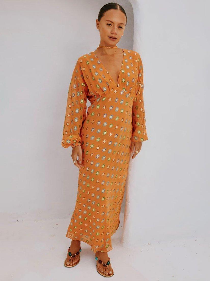 Product image 1 of 5, which shows Never Fully Dressed Coral Foil Maxi Dress, Coral, 6