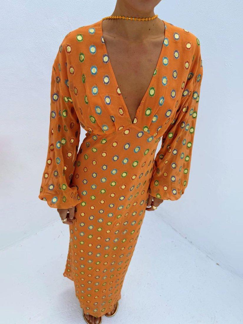 Product image 3 of 5, which shows Never Fully Dressed Coral Foil Maxi Dress, Coral, 6