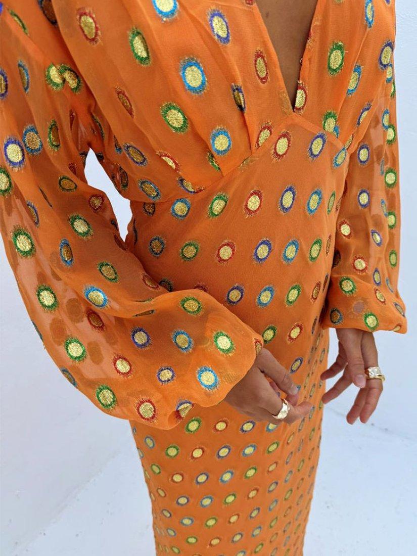 Product image 4 of 5, which shows Never Fully Dressed Coral Foil Maxi Dress, Coral, 6