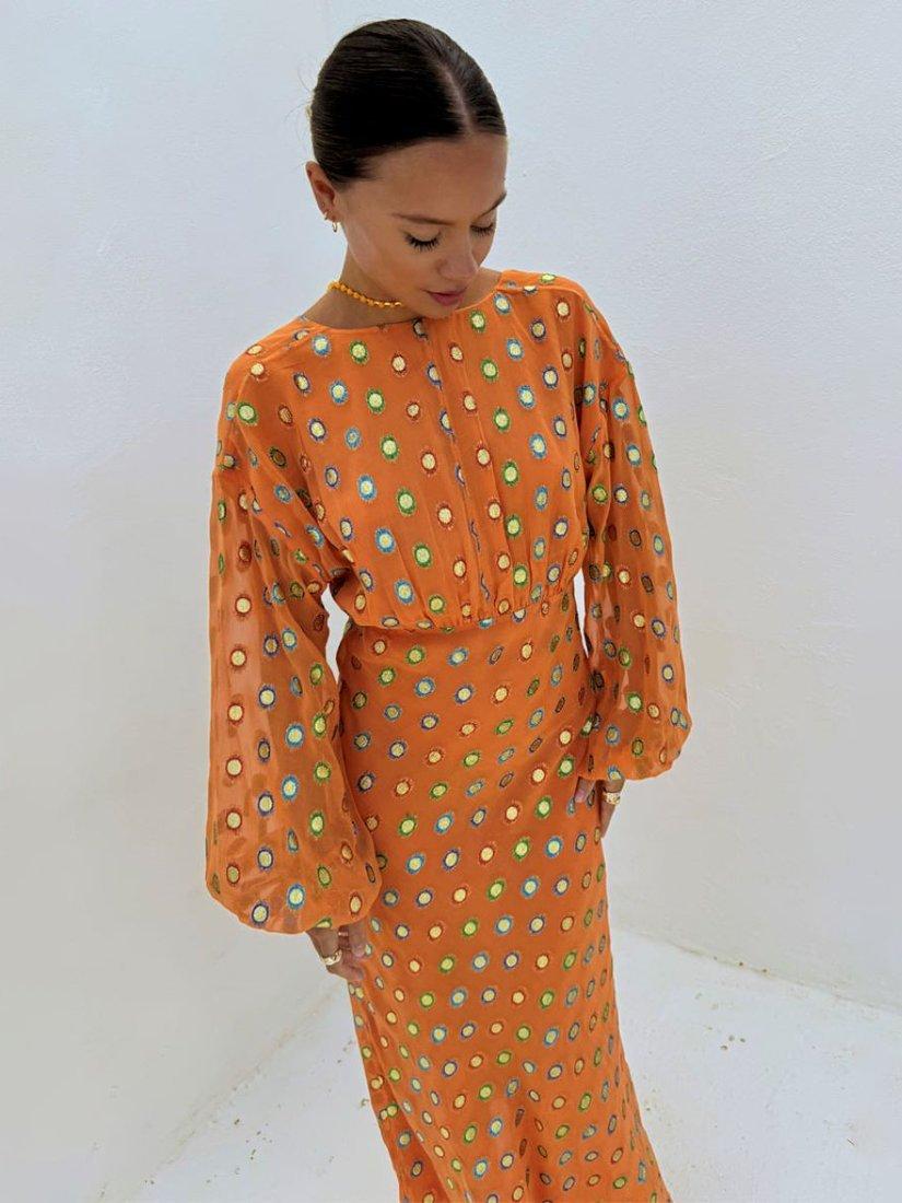 Product image 5 of 5, which shows Never Fully Dressed Coral Foil Maxi Dress, Coral, 6
