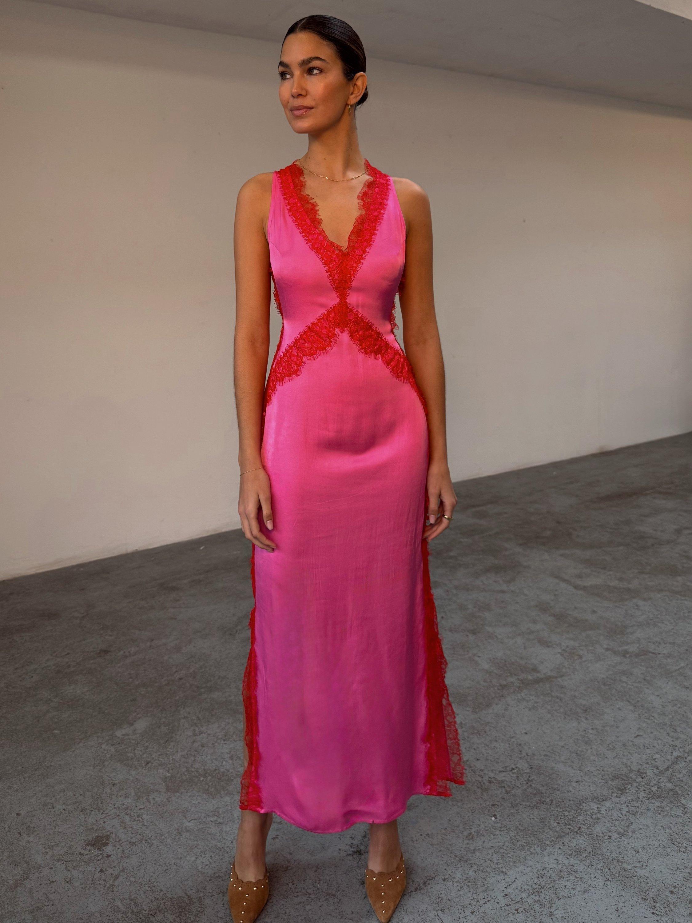 Product image 1 of 6, which shows Never Fully Dressed Lace Contrast Maxi Dress, Pink/Red, 6