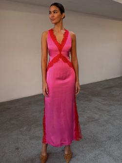 Never Fully Dressed Lace Contrast Maxi Dress, Pink/Red, Pink/Red