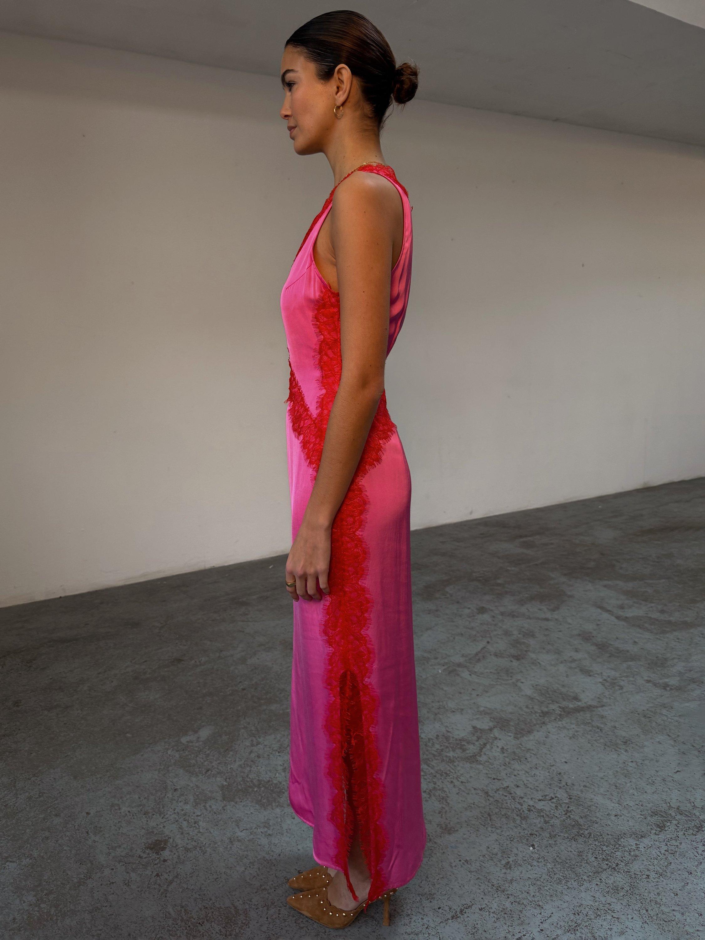 Product image 2 of 6, which shows Never Fully Dressed Lace Contrast Maxi Dress, Pink/Red, 6