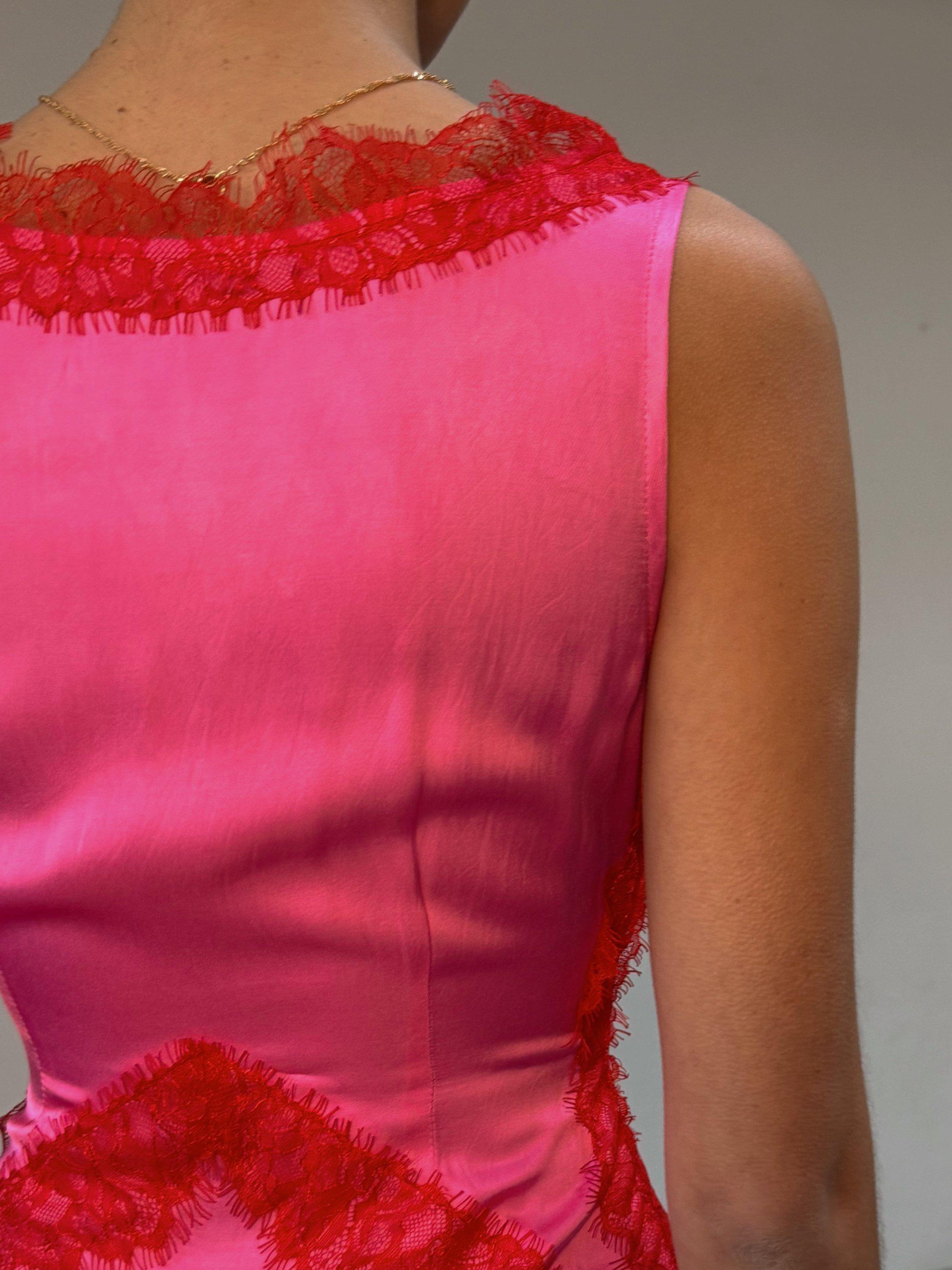 Product image 3 of 6, which shows Never Fully Dressed Lace Contrast Maxi Dress, Pink/Red, 6