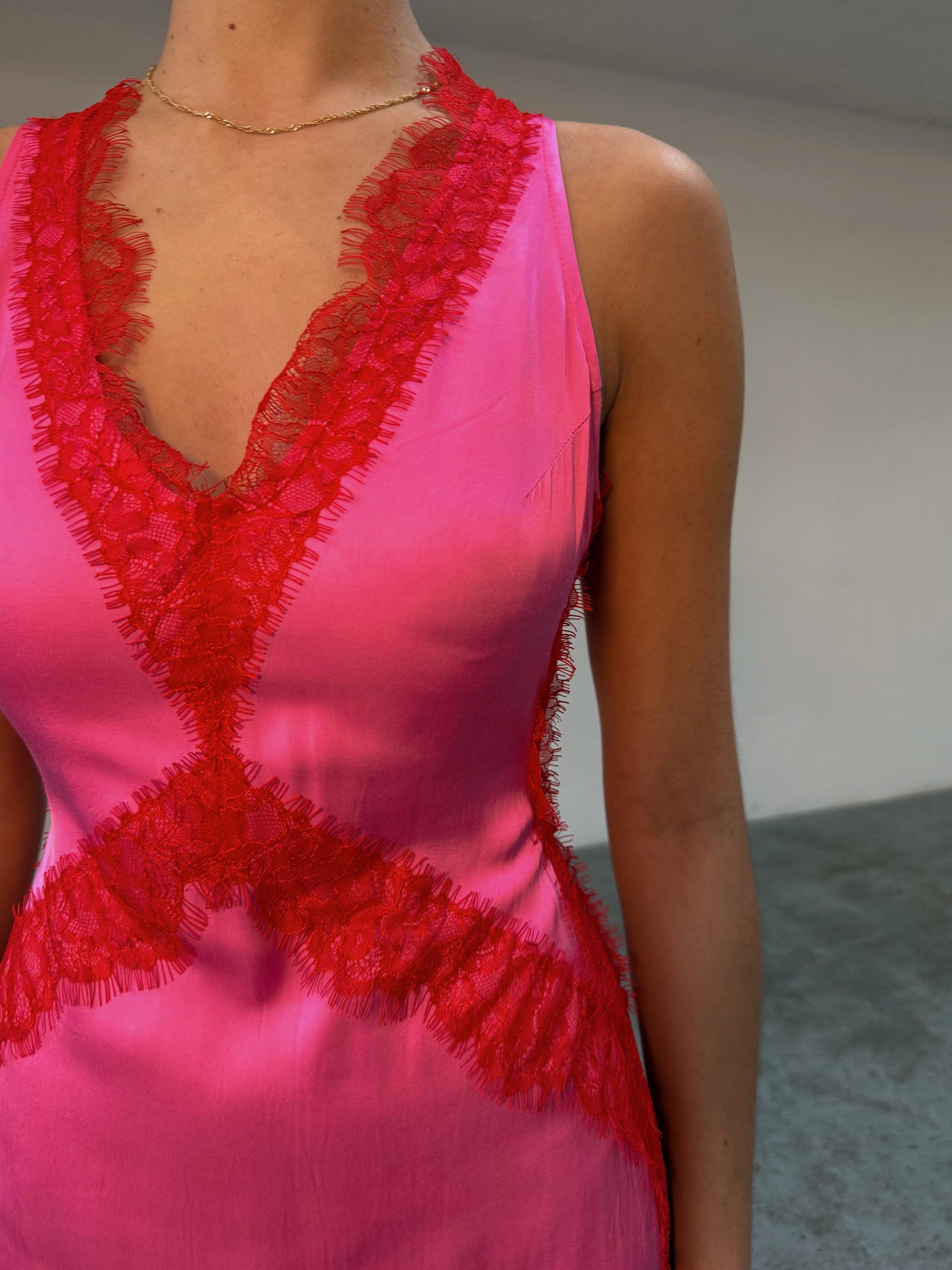 Product image 6 of 6, which shows Never Fully Dressed Lace Contrast Maxi Dress, Pink/Red, 6