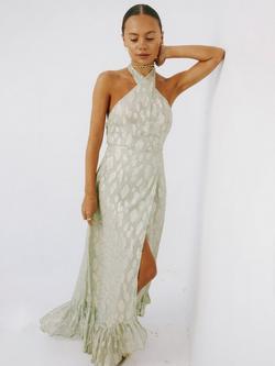 Never Fully Dressed Jacquard Halterneck Maxi Dress, Sage, Sage