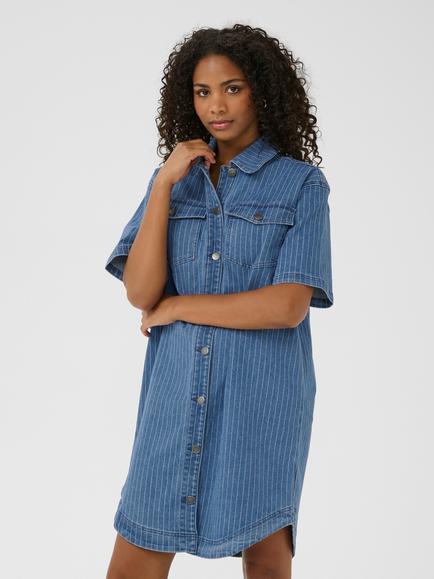 KAFFE Reece Stripe Denim Mini Shirt Dress, Mid Blue, Mid Blue