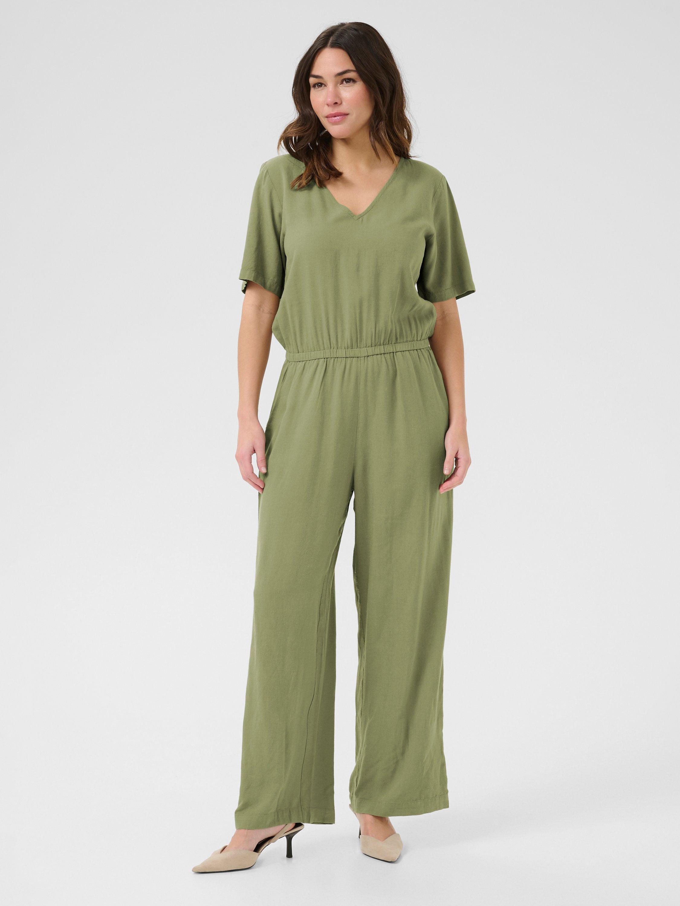 Product image 1 of 4, which shows KAFFE Milia Short Sleeve Jumpsuit, Mid Green, 8