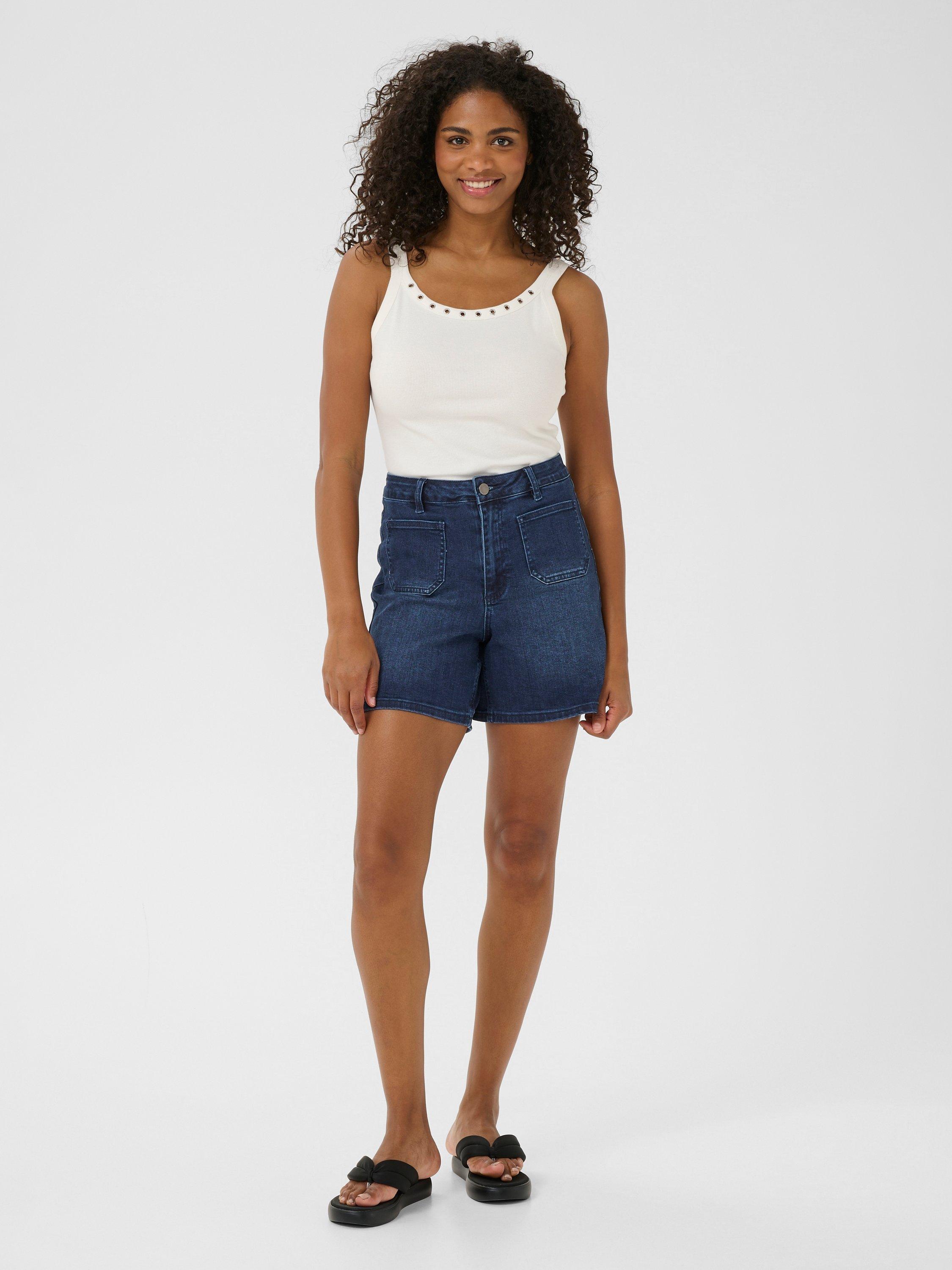 Product image 3 of 5, which shows KAFFE Karla High Waist Denim Shorts, Mid Blue, 10