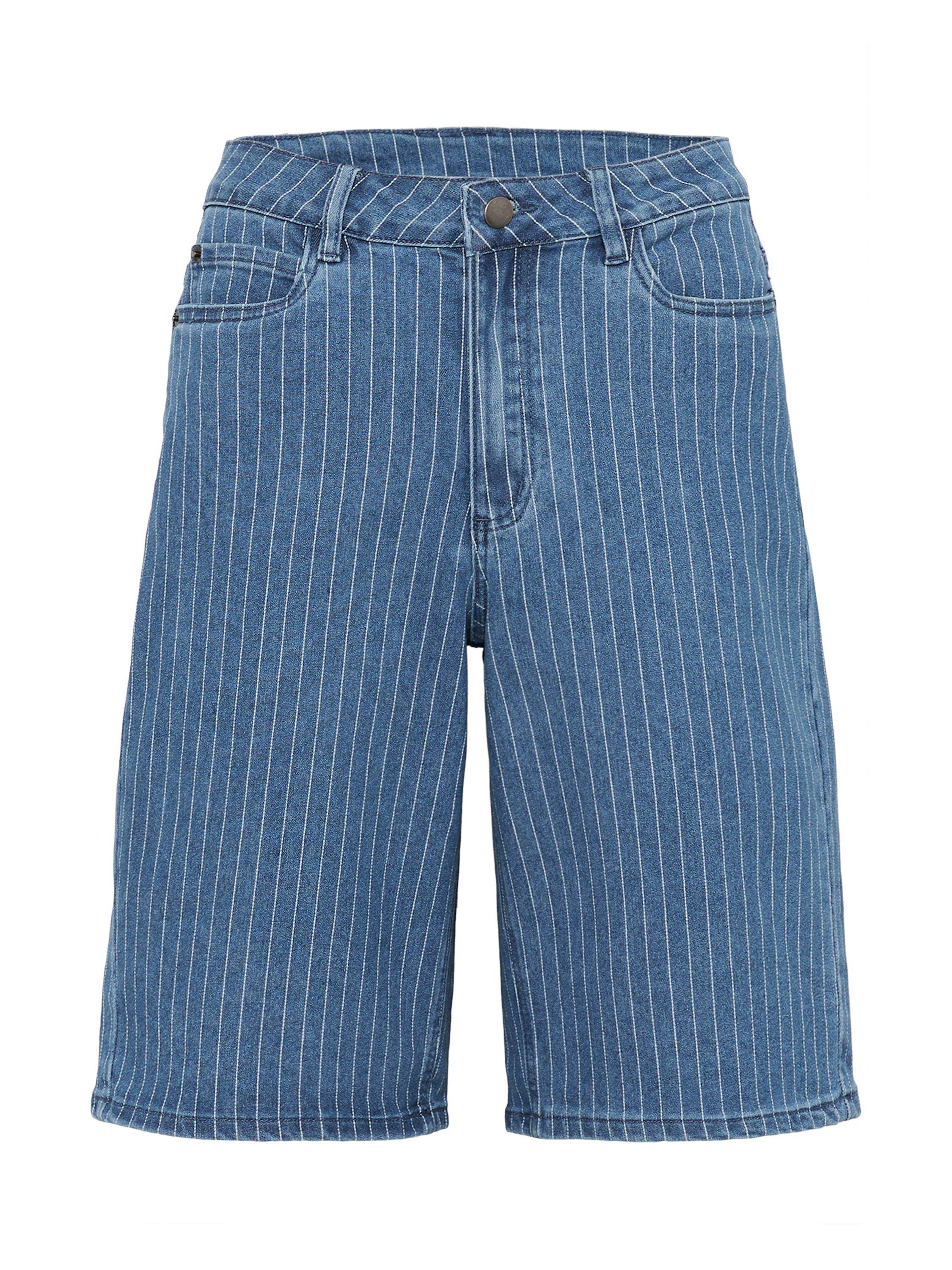 Product image 1 of 2, which shows KAFFE Reece Stripe High Waist Denim Bermuda Shorts, Mid Blue, 8