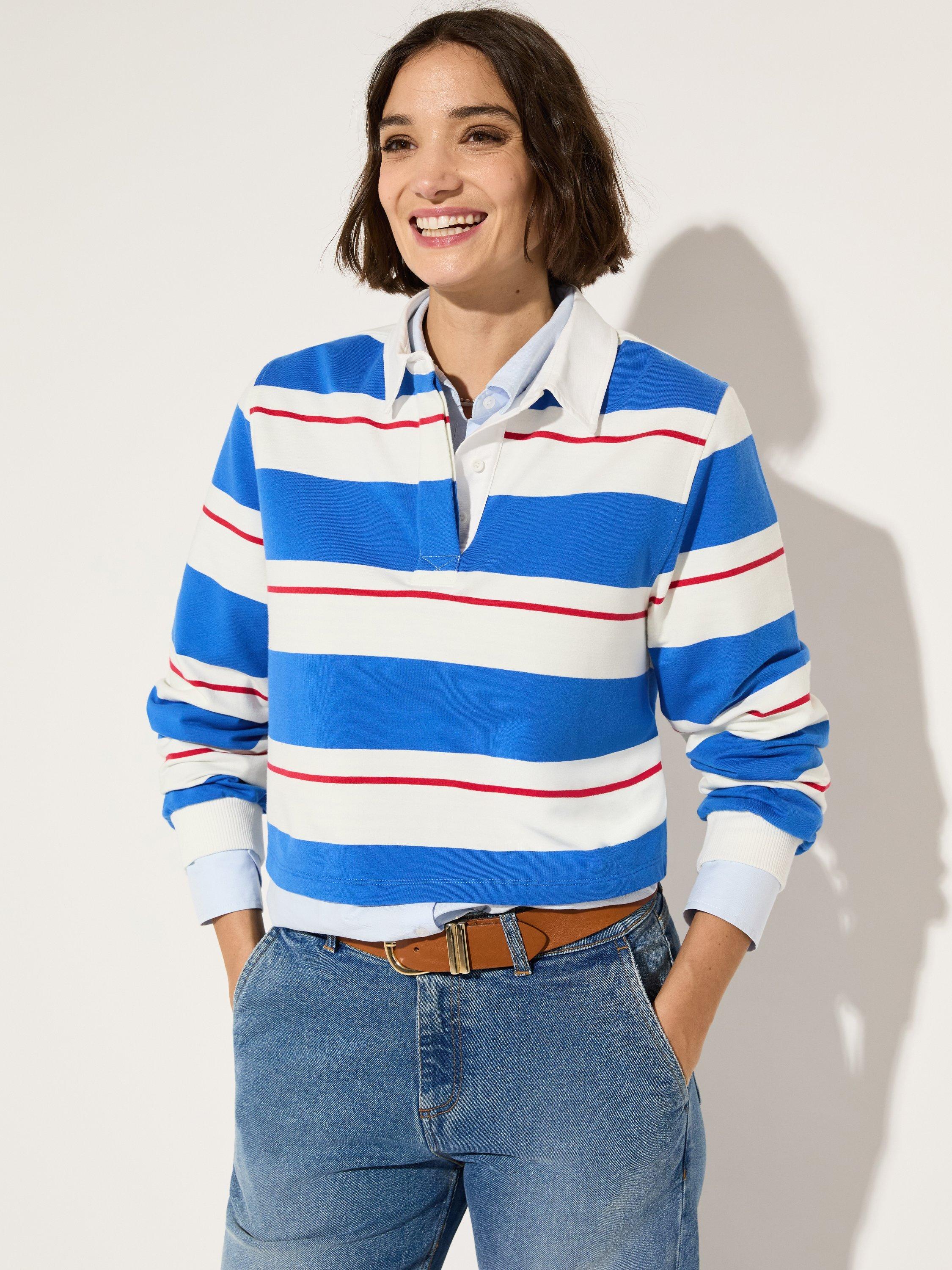 Product image 1 of 4, which shows Baukjen Bluebell Organic Cotton Rich Rugby Top, Azure Blue/Soft Whit, 10
