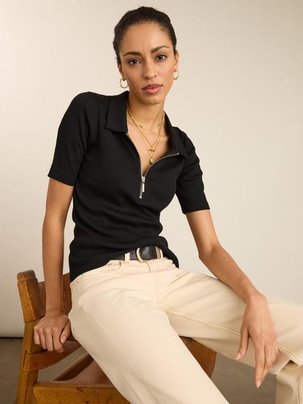 Baukjen Ivy Pure Organic Cotton Zip Collar Top, Caviar Black