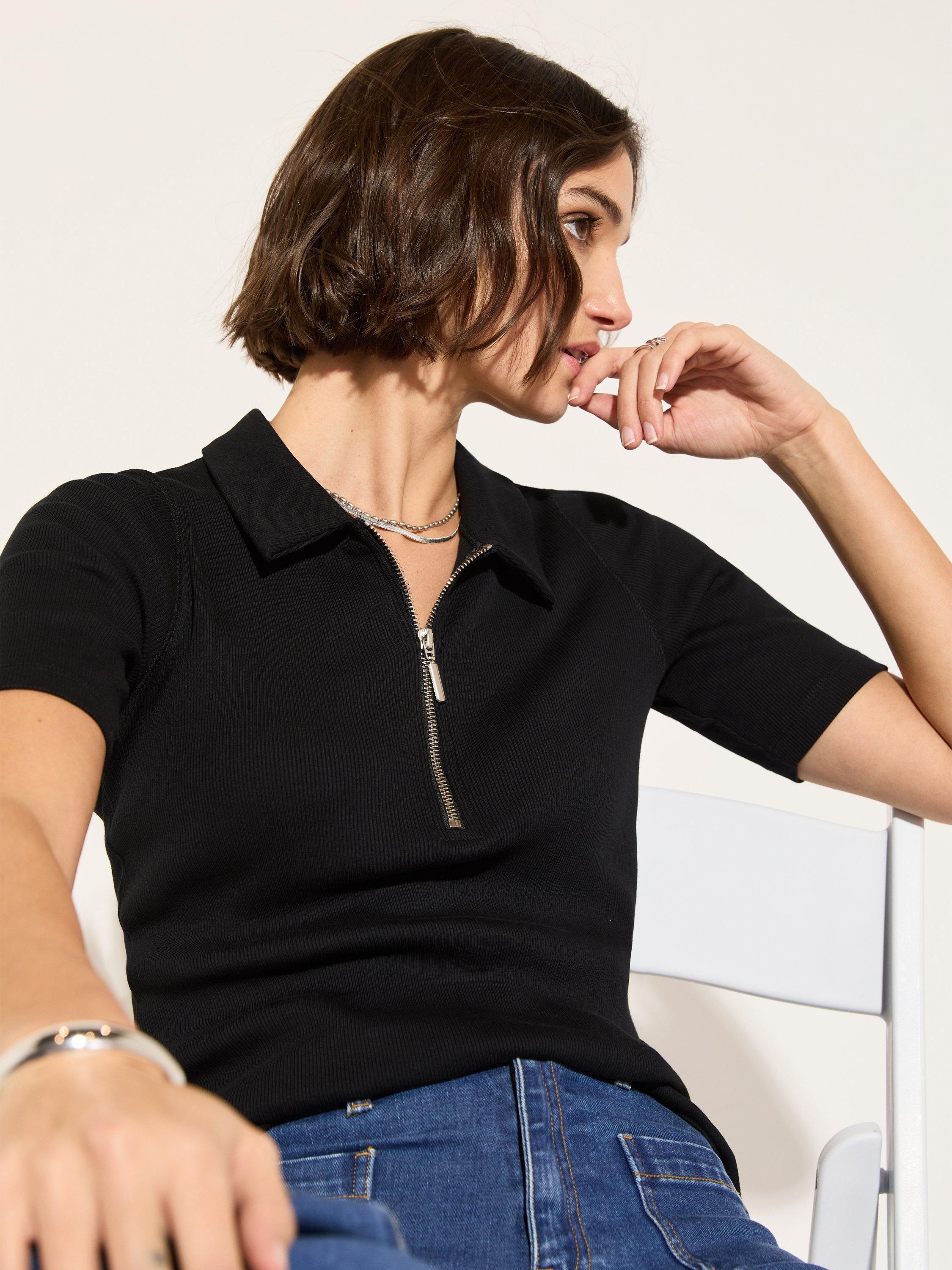 Product image 3 of 5, which shows Baukjen Ivy Pure Organic Cotton Zip Collar Top, Caviar Black, 6