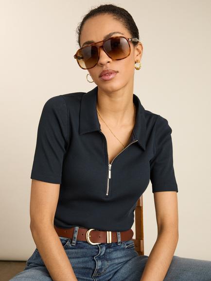 Baukjen Ivy Pure Organic Cotton Zip Collar Top, Classic Navy