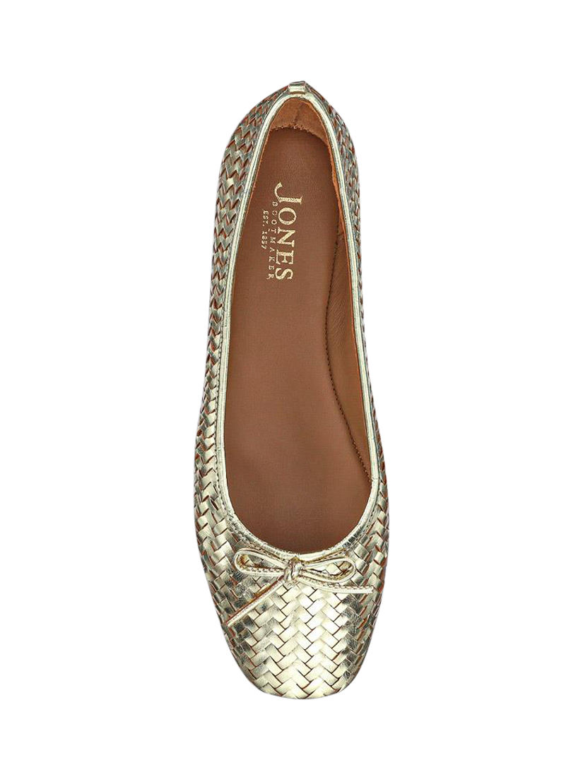Product image 4 of 5, which shows Jones Bootmaker Stephanie Leather Woven Ballerina Pumps, Gold, 3