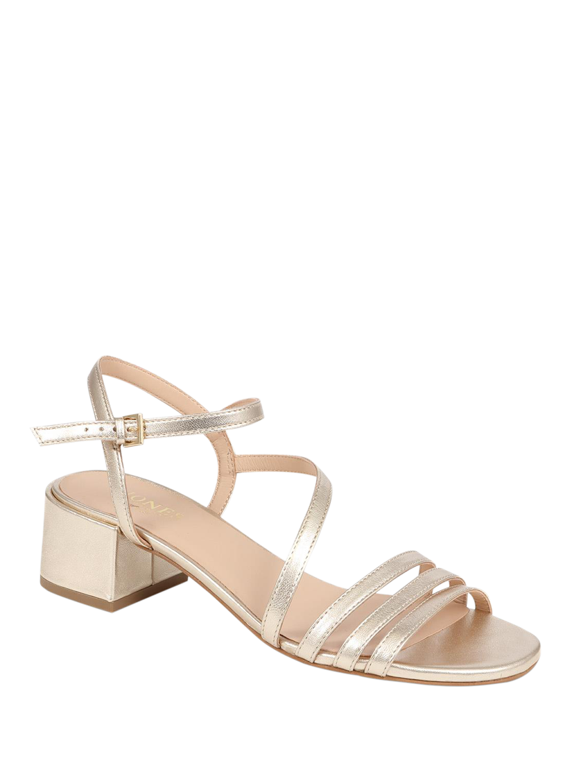 Product image 2 of 5, which shows Jones Bootmaker Ginette 2 Wide Fit Leather Heeled Strappy Sandals, Gold, 3W
