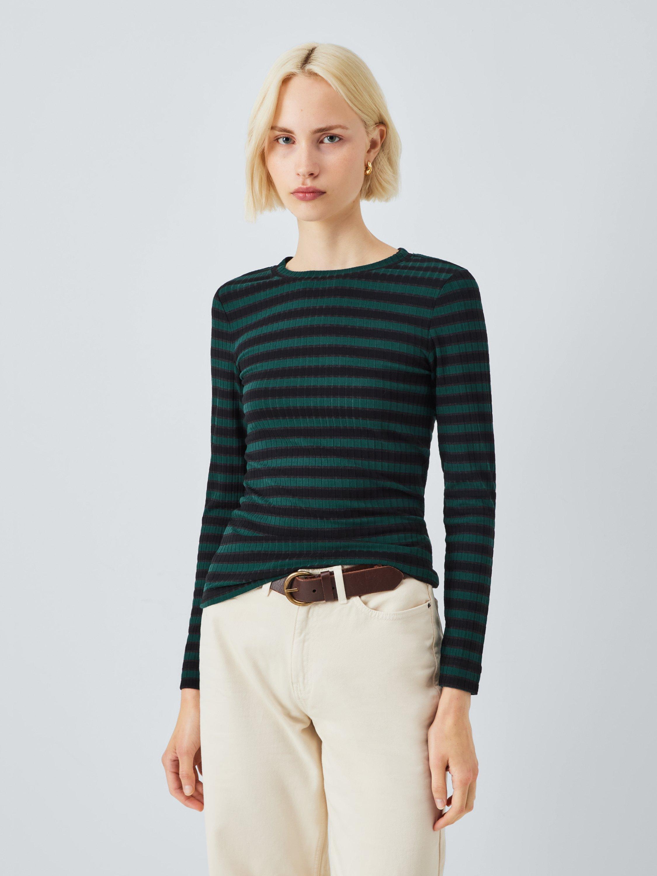 Product image 1 of 6, which shows AND/OR Glitter Stripe Long Sleeve Top, Green/Black, 6