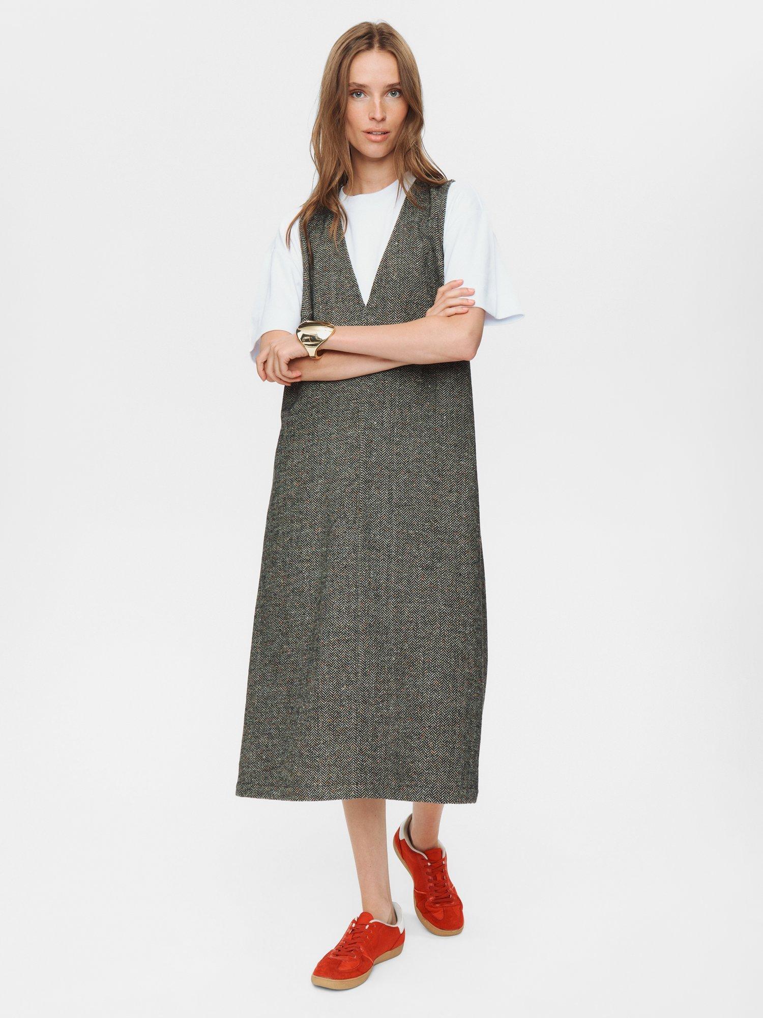Product image 3 of 6, which shows Numph Avey Herringbone Pinafore Dress, Taupe, 34