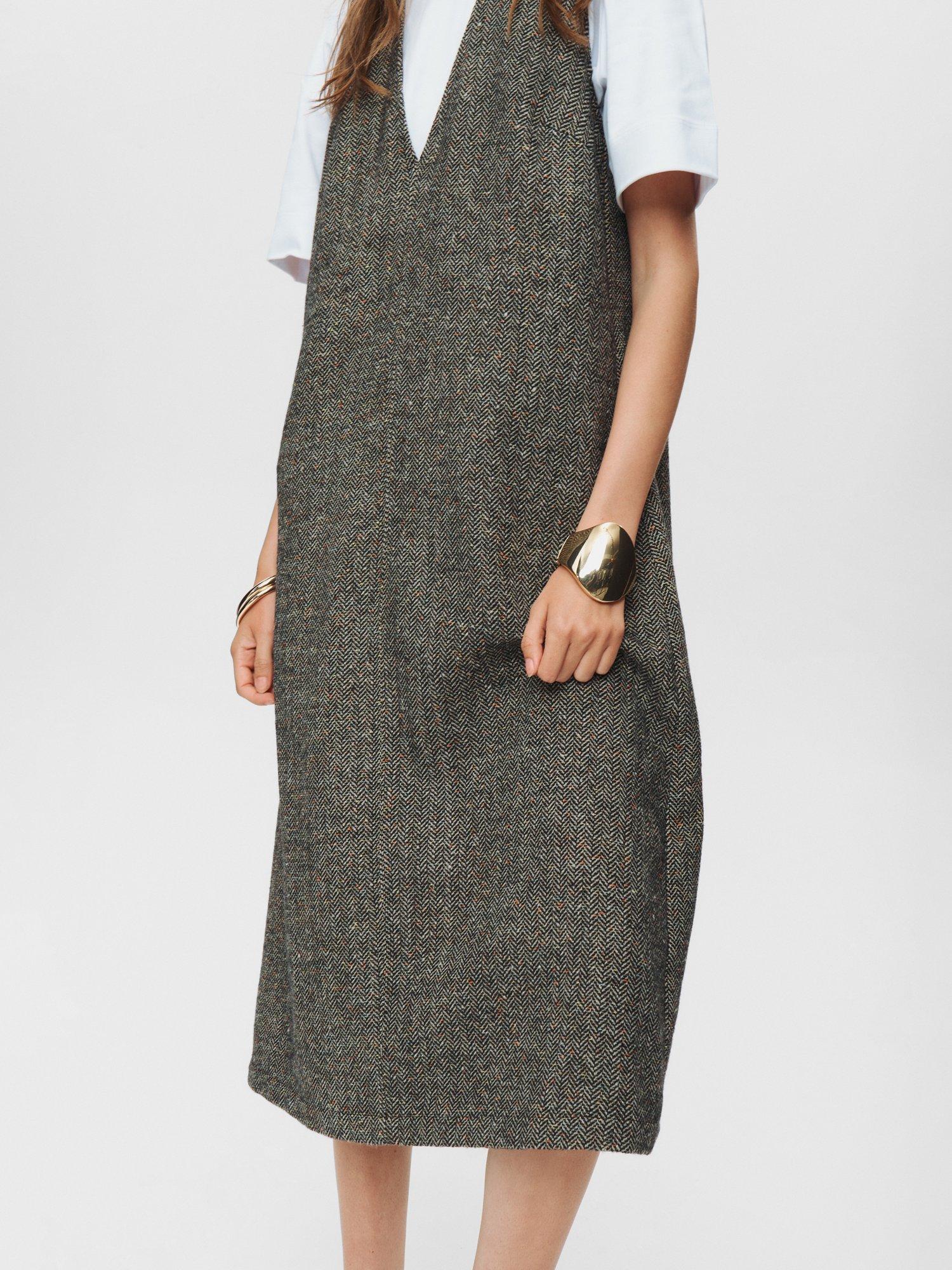 Product image 4 of 6, which shows Numph Avey Herringbone Pinafore Dress, Taupe, 34