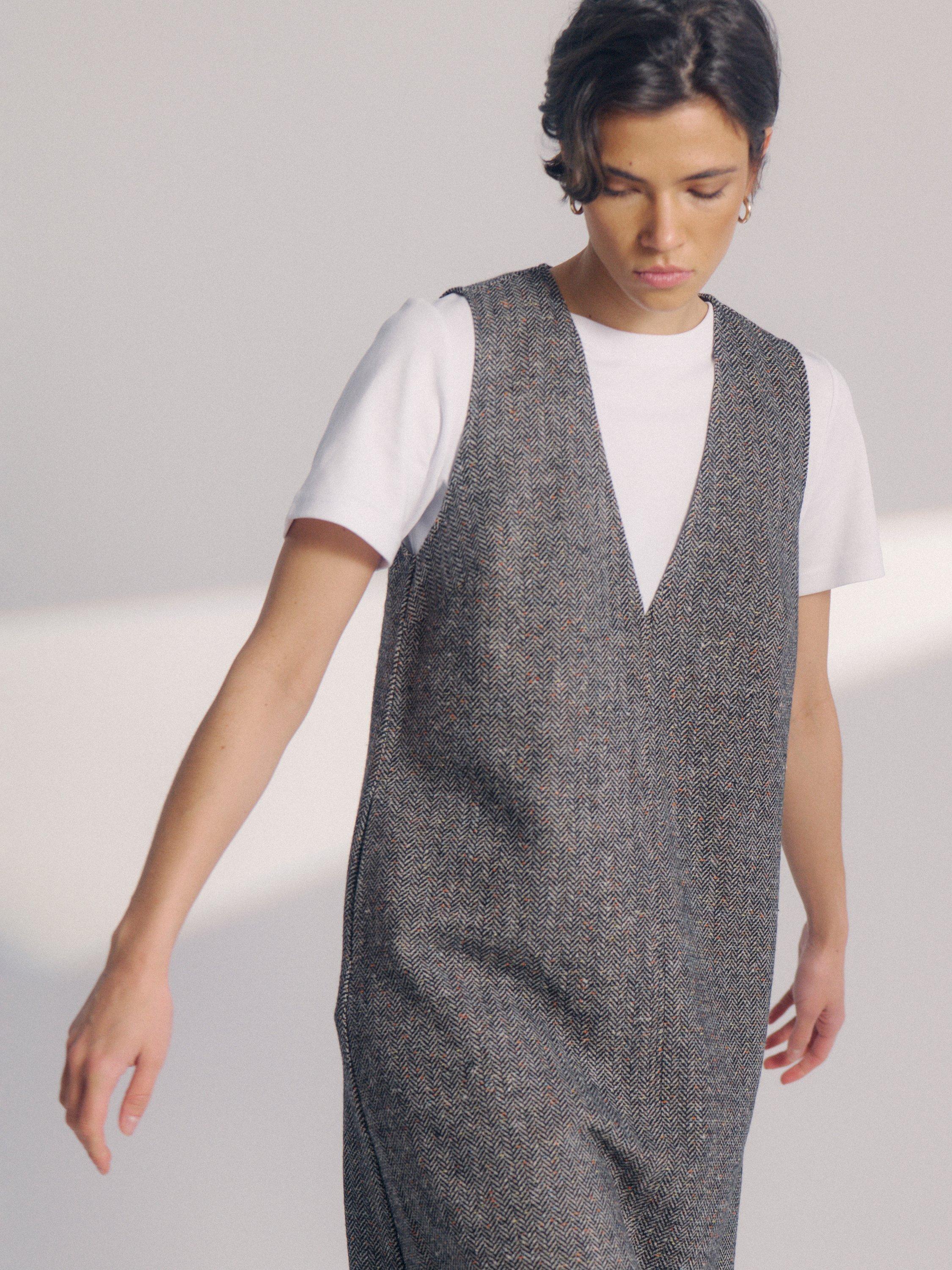 Product image 6 of 6, which shows Numph Avey Herringbone Pinafore Dress, Taupe, 34