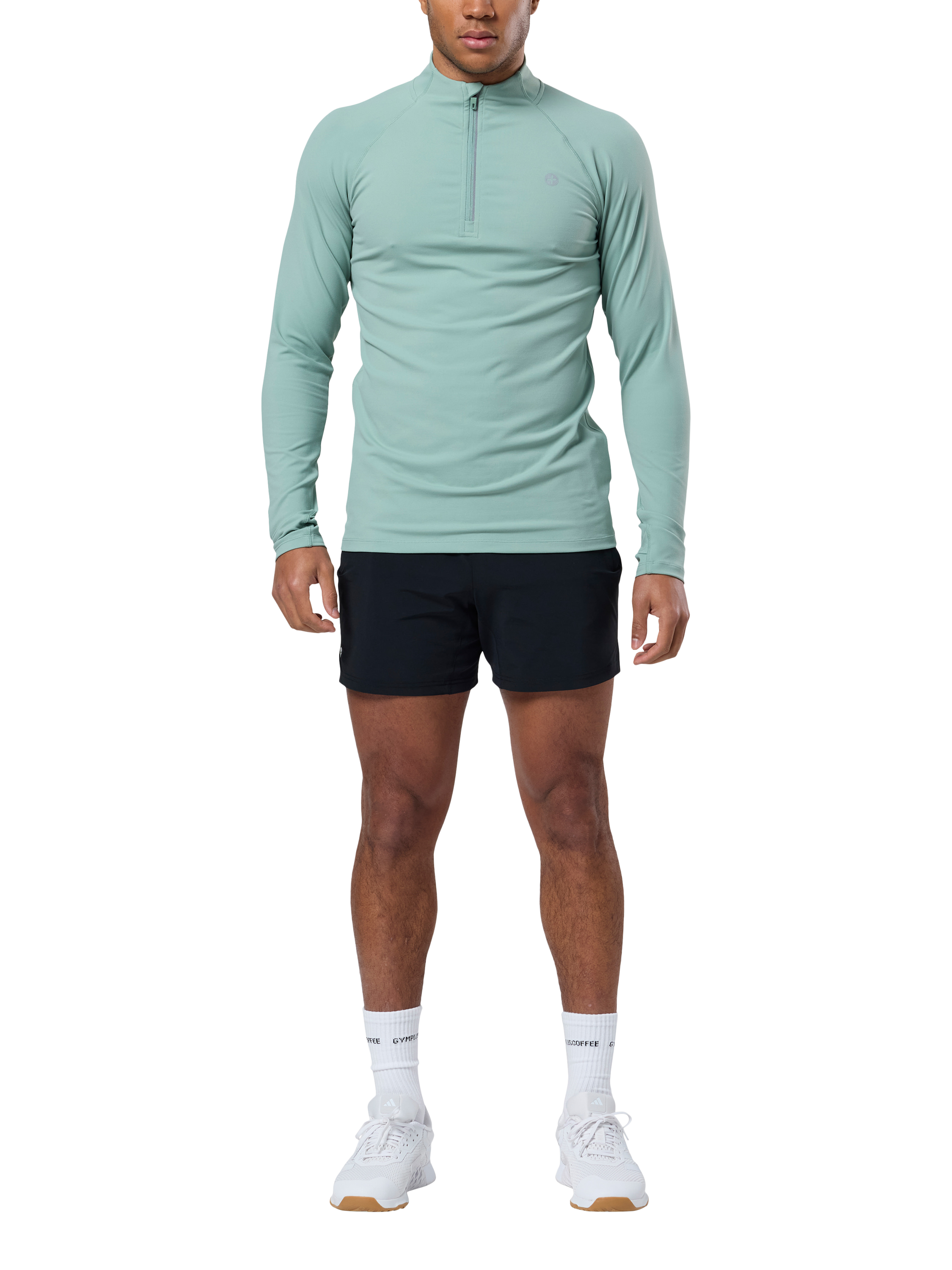 Product image 2 of 6, which shows Gym+Coffee Relentless Slim Fit 1/4 Quarter Zip Midlayer Top, Summer Green, S