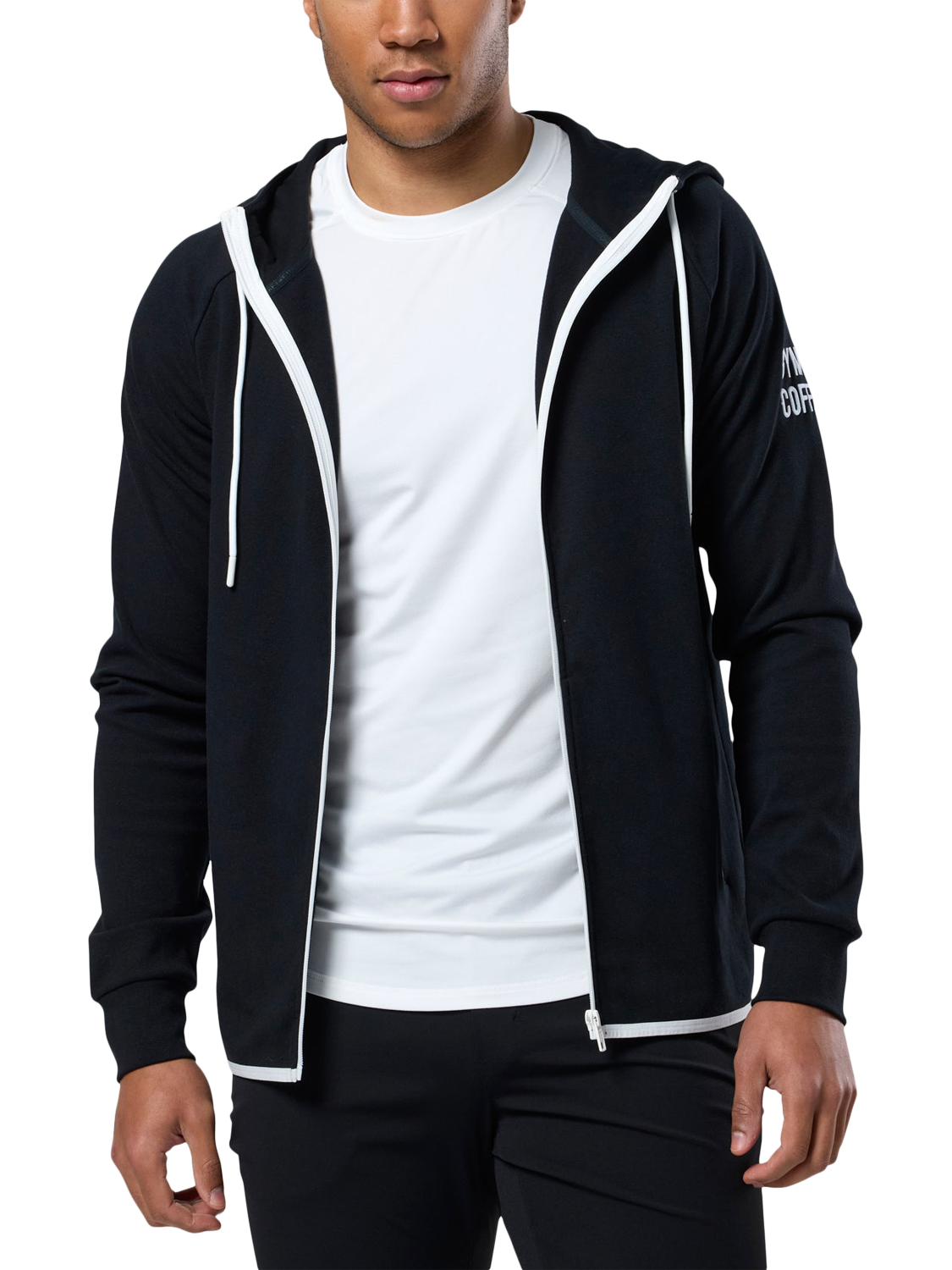 Product image 1 of 6, which shows Gym+Coffee Chill Full Zip Hoodie, Black, S