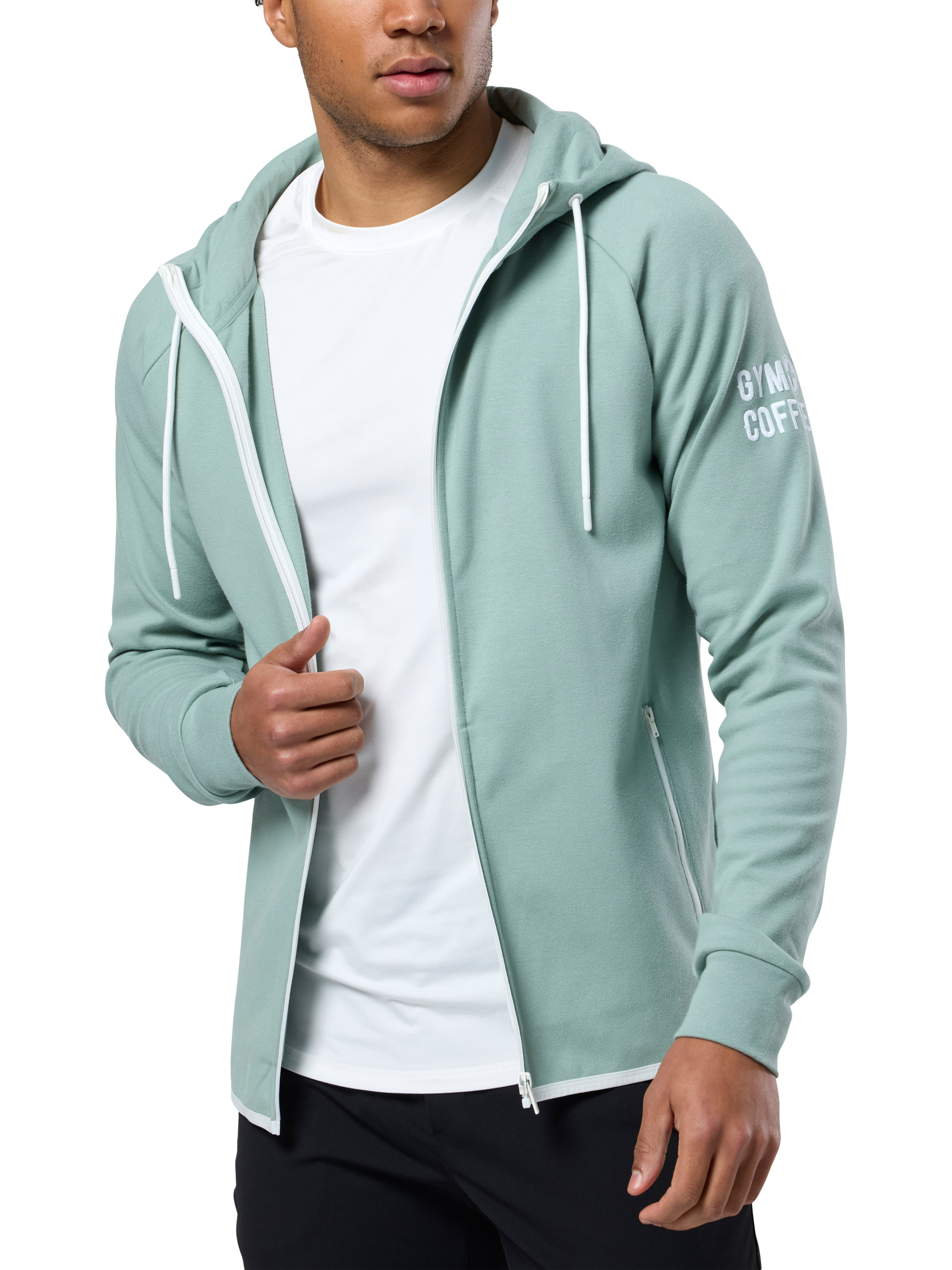 Product image 1 of 6, which shows Gym+Coffee Chill Full Zip Hoodie, Summer Green, S