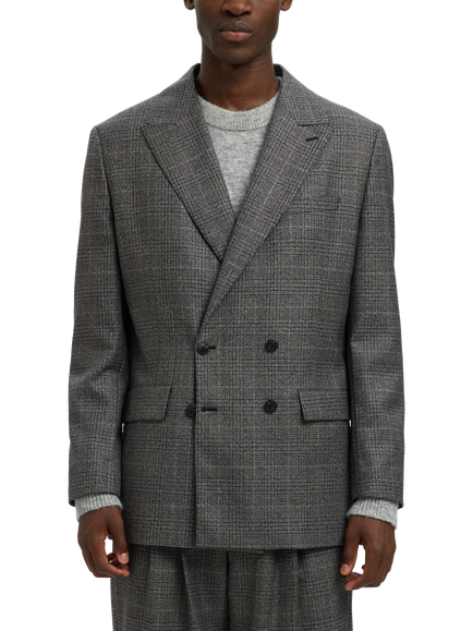 Selected Double Breasted Check Wool Blazer - view 2, Grey Check