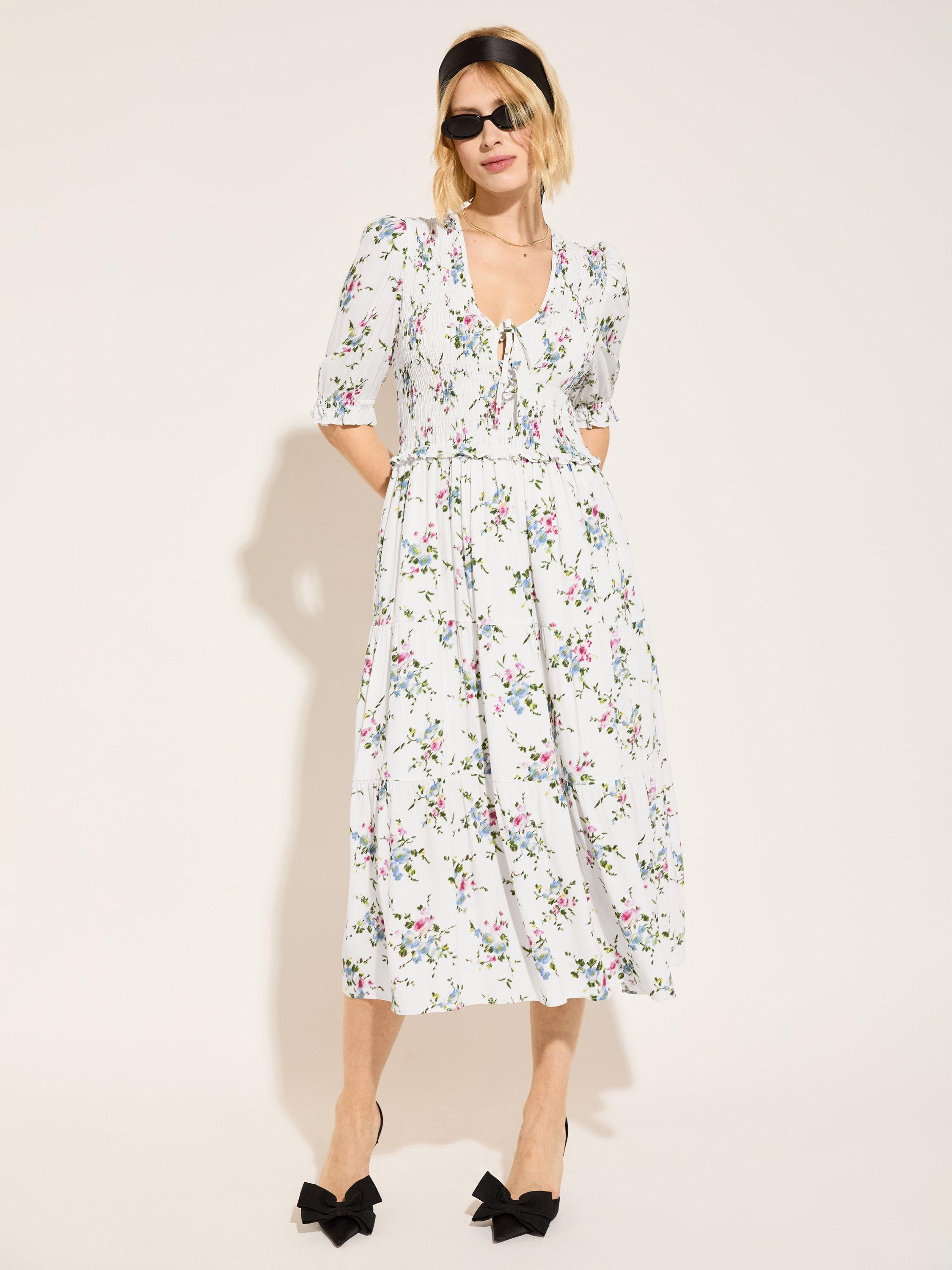 Product image 1 of 6, which shows Baukjen Melania Floral Crepe Midi Dress, White bouquet, 10