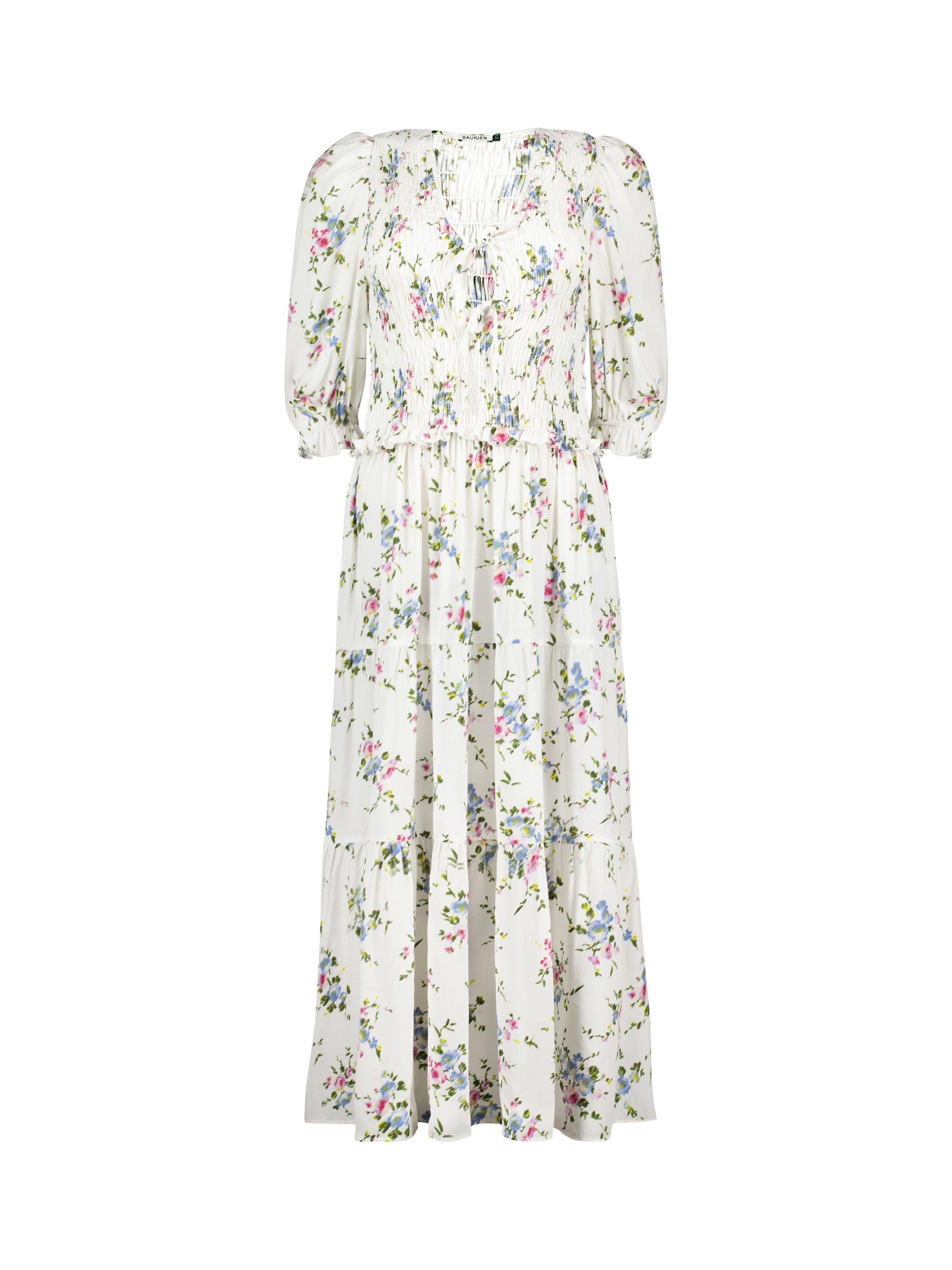 Product image 4 of 6, which shows Baukjen Melania Floral Crepe Midi Dress, White bouquet, 10