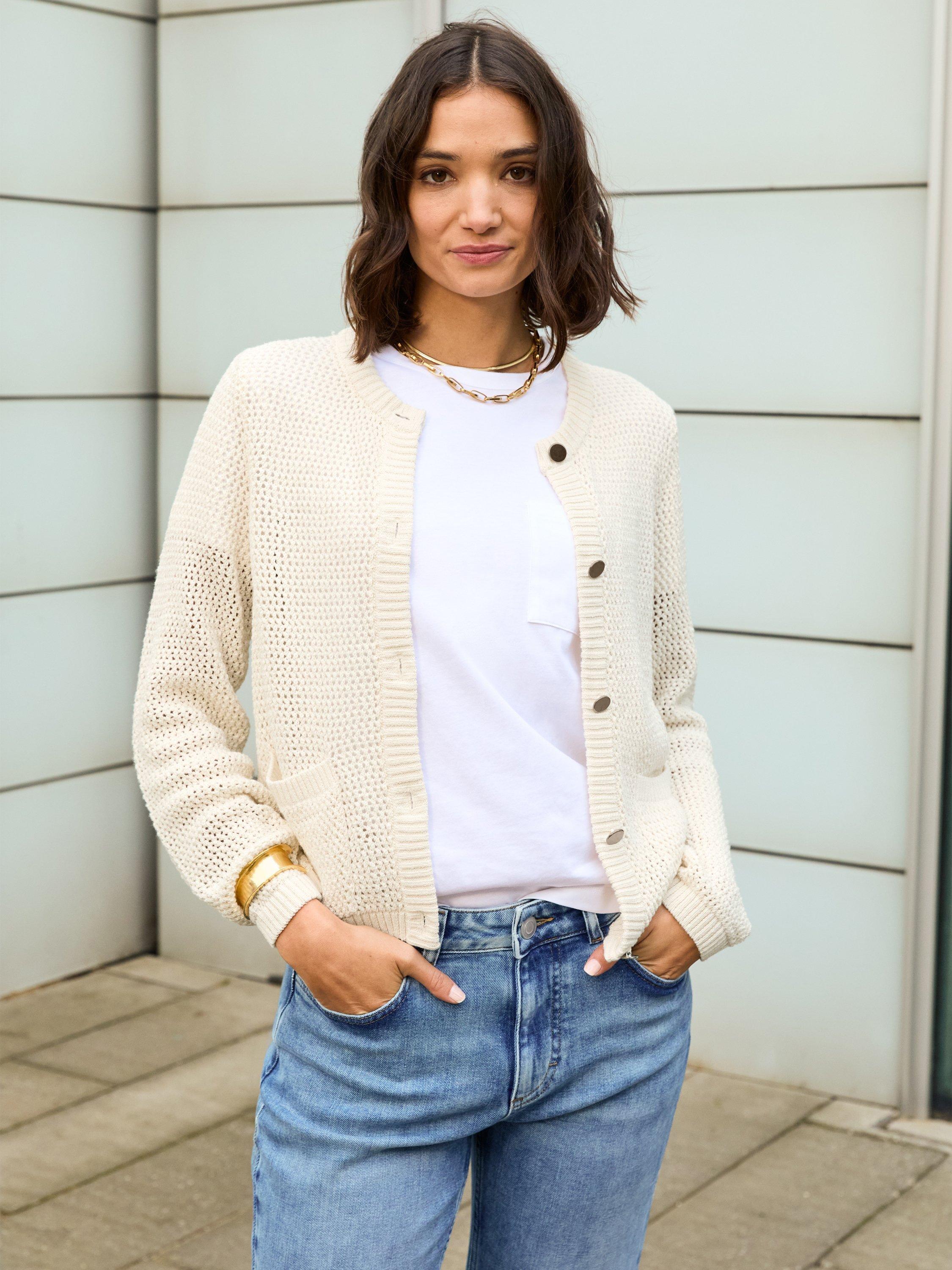 Product image 1 of 4, which shows Baukjen Catarina Open Knit Cardigan, Cream, 10