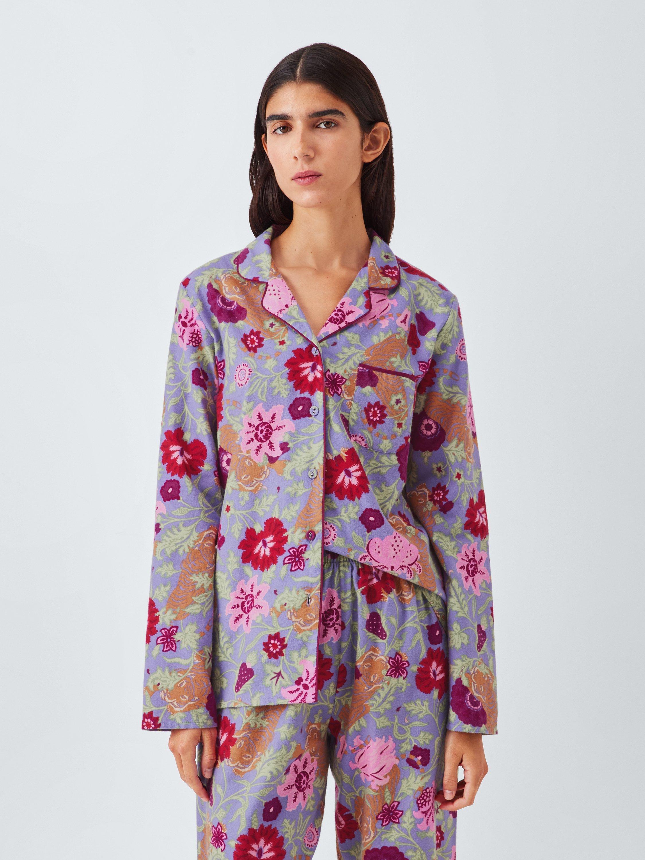 Product image 1 of 6, which shows John Lewis Floral Tiger Button Through Long Pyjama Set, Purple Sage, 12