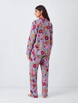 John Lewis Floral Tiger Button Through Long Pyjama Set, Purple Sage - view 2, Purple Sage