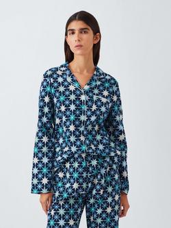 John Lewis Christmas Stars Button Through Long Pyjama Set, Blue/Aqua, Blue/Aqua