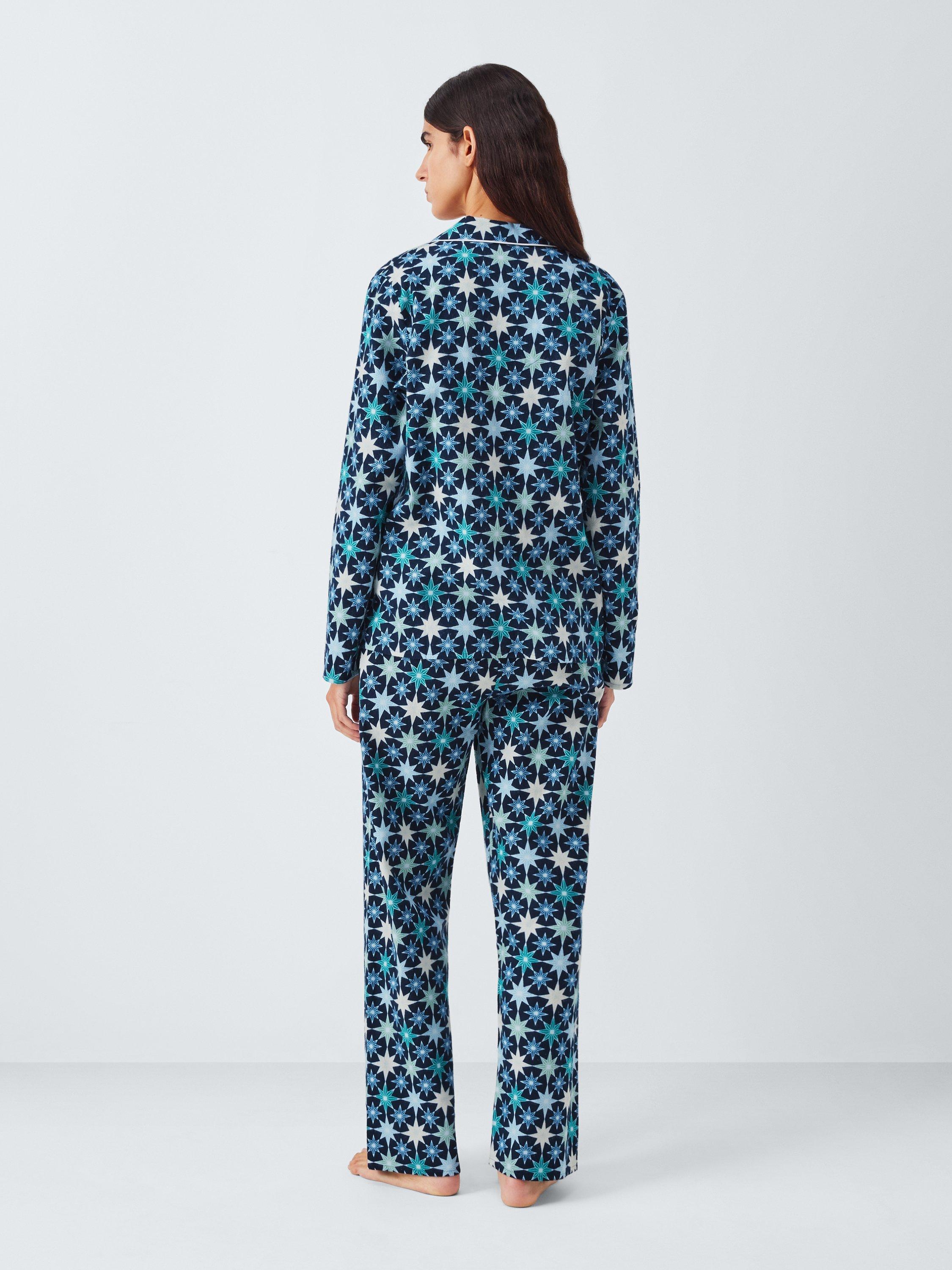 Product image 2 of 6, which shows John Lewis Christmas Stars Button Through Long Pyjama Set, Blue/Aqua, 14