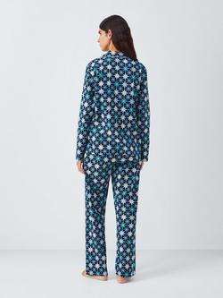 John Lewis Christmas Stars Button Through Long Pyjama Set, Blue/Aqua - view 2, Blue/Aqua