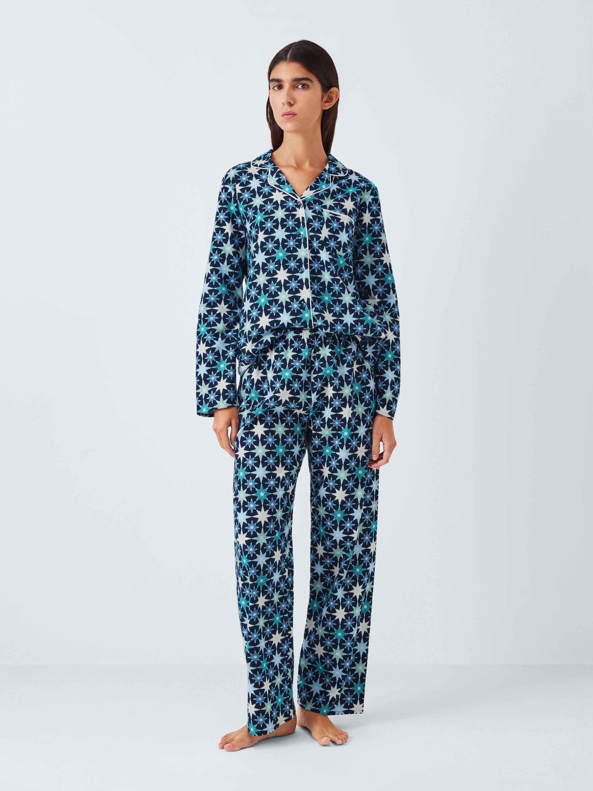 Product image 3 of 6, which shows John Lewis Christmas Stars Button Through Long Pyjama Set, Blue/Aqua, 14