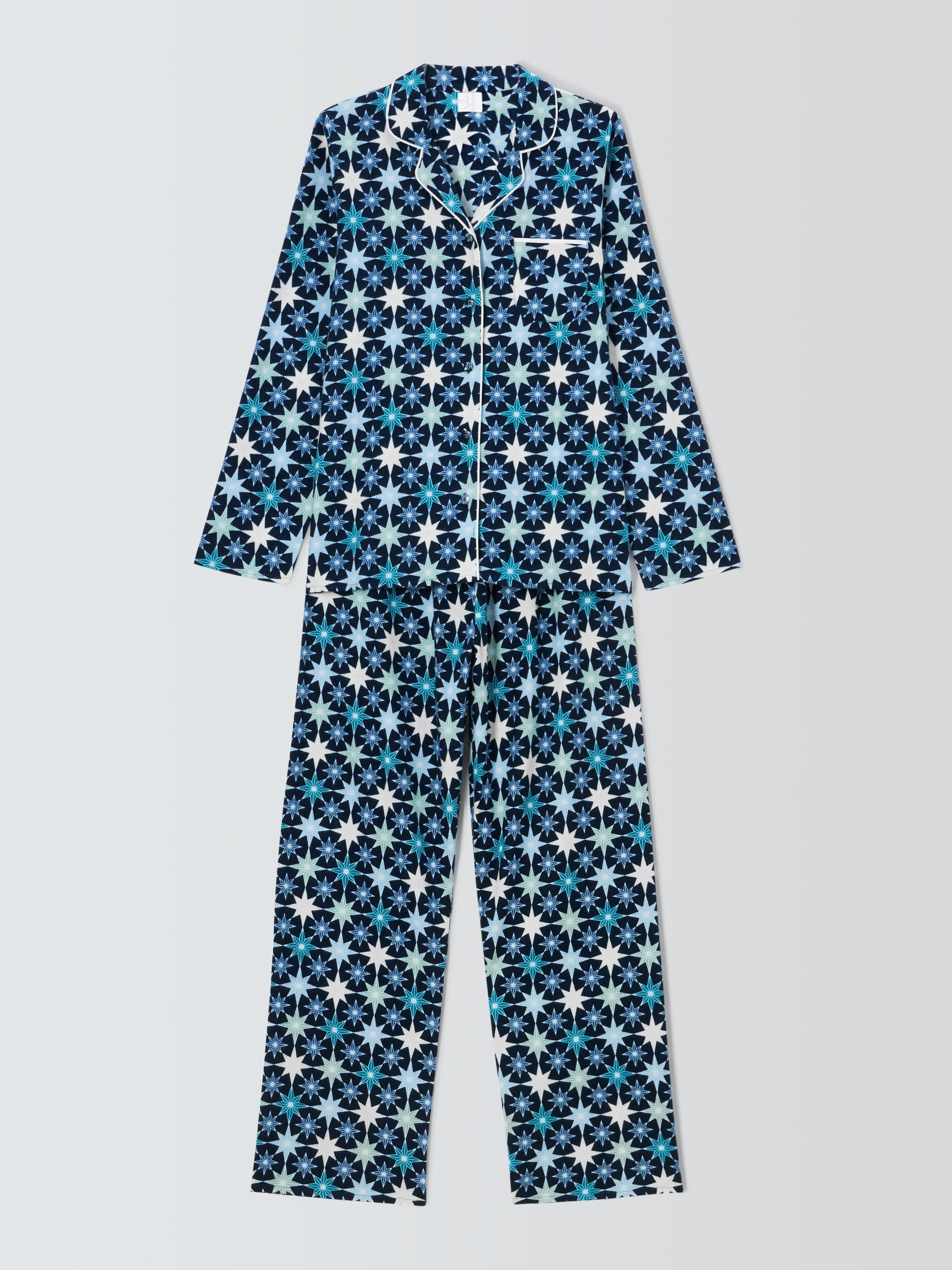 Product image 4 of 6, which shows John Lewis Christmas Stars Button Through Long Pyjama Set, Blue/Aqua, 14
