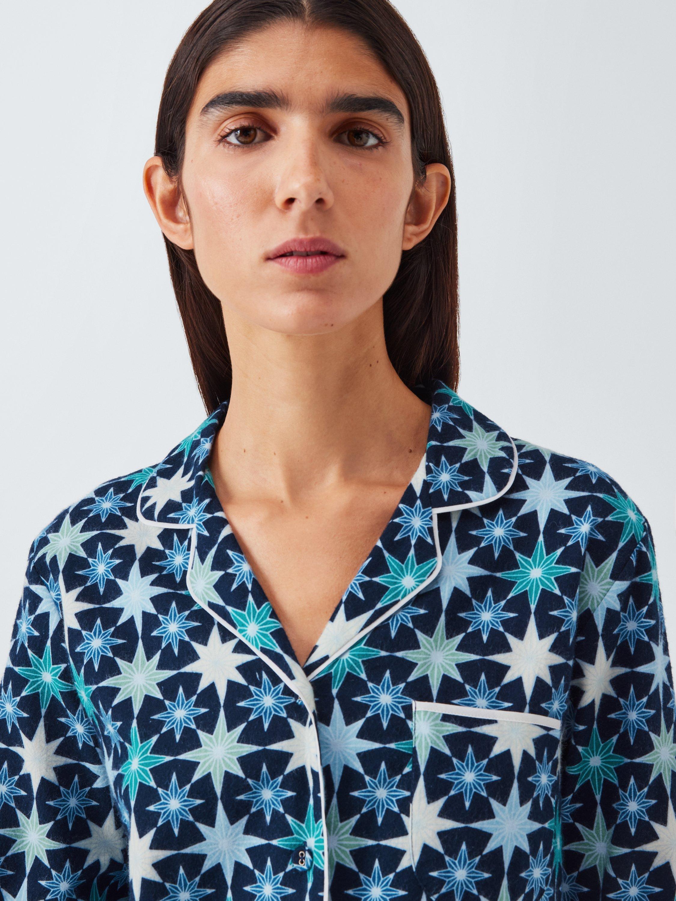 Product image 5 of 6, which shows John Lewis Christmas Stars Button Through Long Pyjama Set, Blue/Aqua, 14